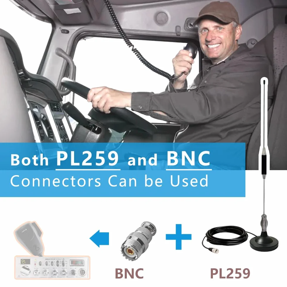 Antenna CB Magnetica 27 Mhz per Auto, Camion | Universale per Radio CB Midland, Uniden, President, Cobra,Alan | Con 5m RG58-Cavo, Connettore UHF PL259 & BNC, Ø95 mm Base Calamita, Alta 67cm