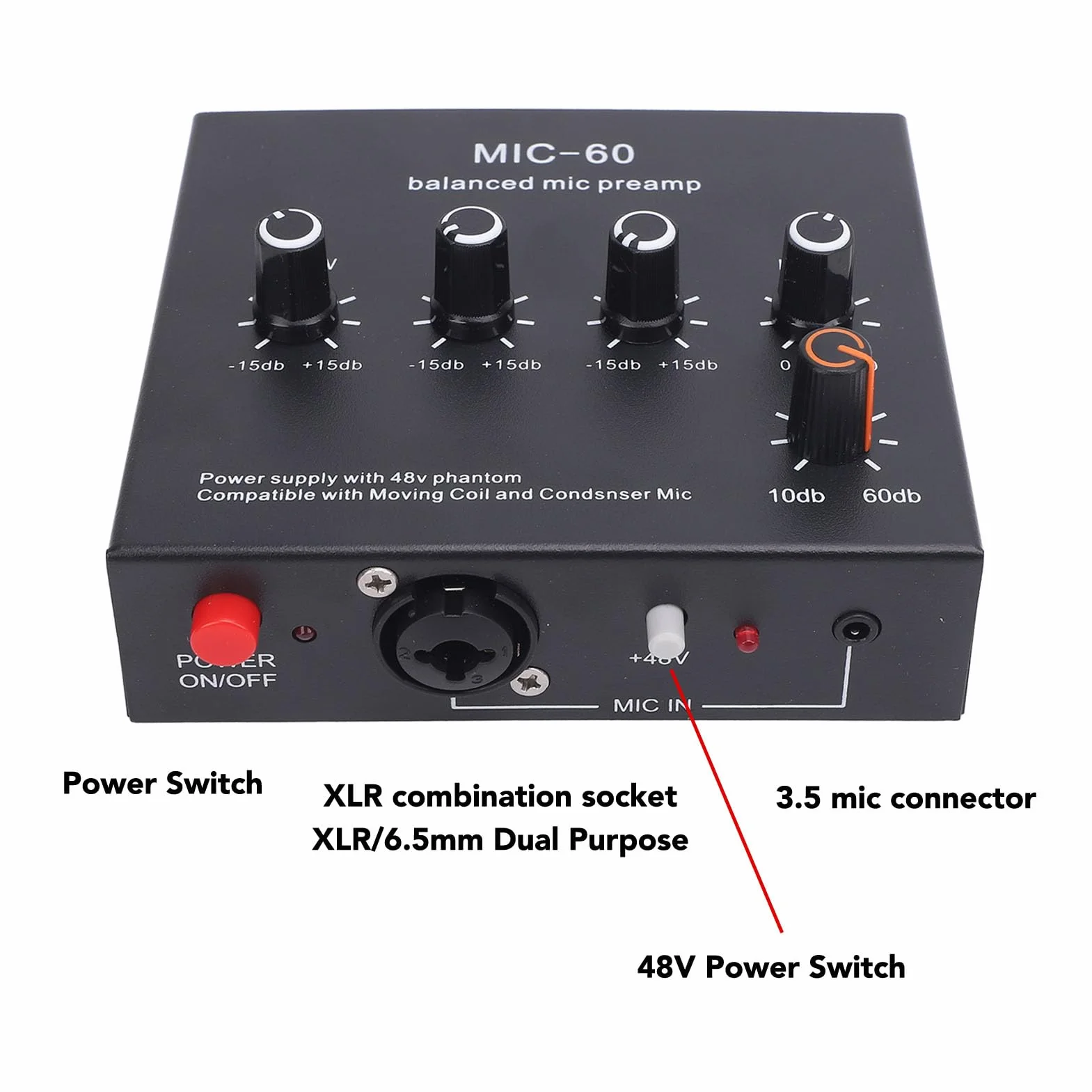 Preamplificatore Microfono XLR Ad Alto Guadagno, Mic Booster Dinamico e Condensatore per Registrazione Studio Streaming