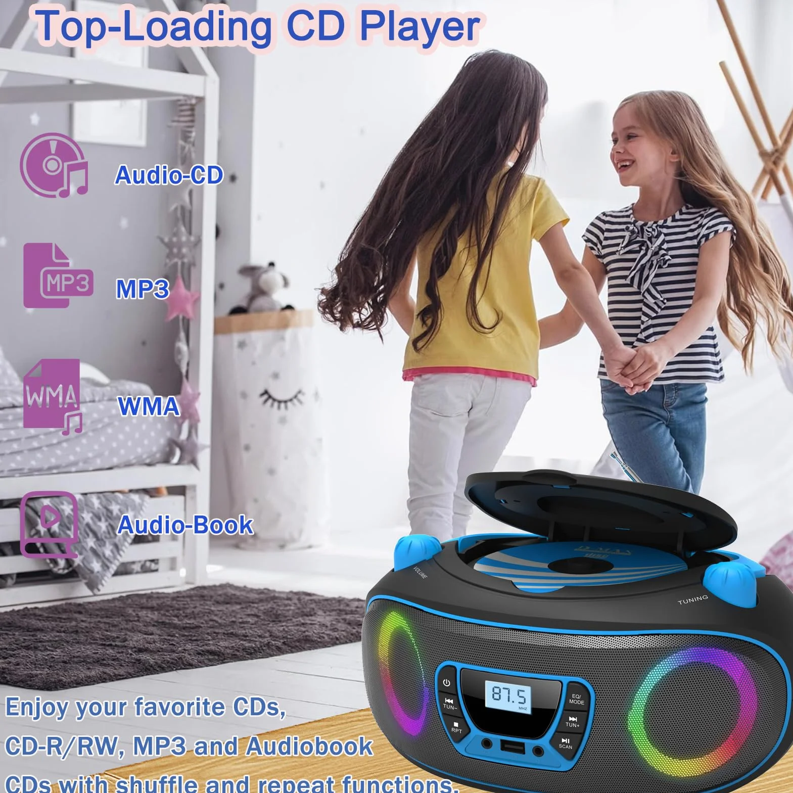 Lettore CD Radio portatile per bambini Boombox, con Bluetooth | Radio FM | USB | MP3 | Compatibile con CD-R/CD-RW, lettore CD radio