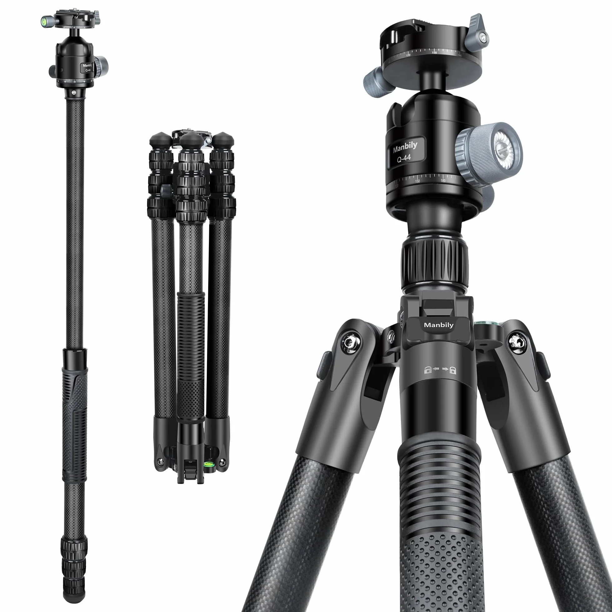 Manbily Treppiede per fotocamera in fibra di carbonio da 13"-76" con tubo da 32 mm, treppiede portatile per fotografia con testa a sfera panoramica a 360° da 44 mm, carico massimo 20 kg, piastra Arca