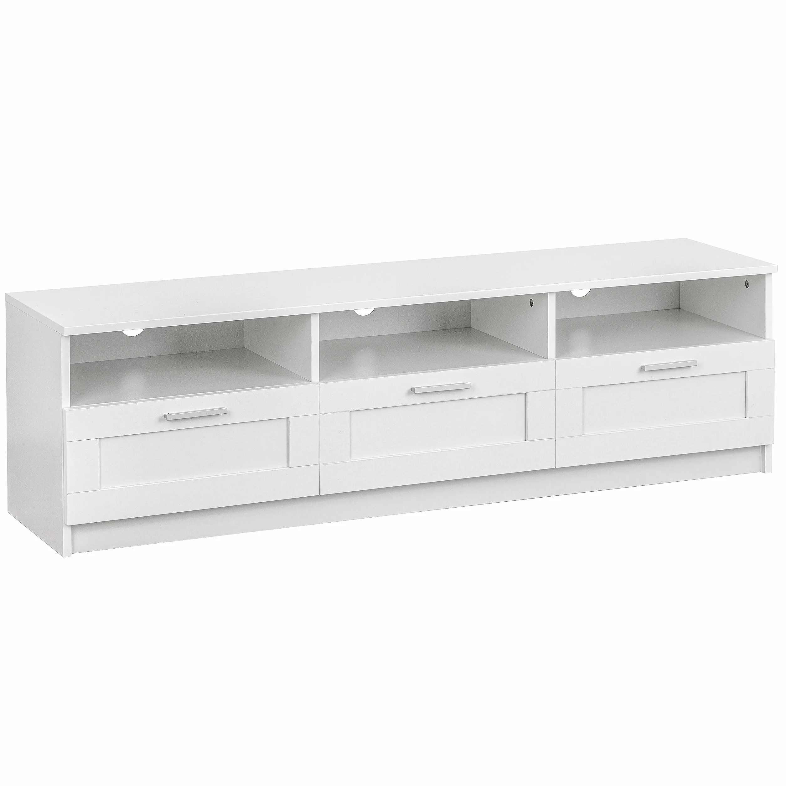 Baroni Home Mobile per Tv con 3 Ripiani 3 Cassetti, Foro per Passaggio Cavi in MDF, Consolle Porta TV per Camera da Letto, Salotto, Cucina, Bianco, 140x33x30 cm