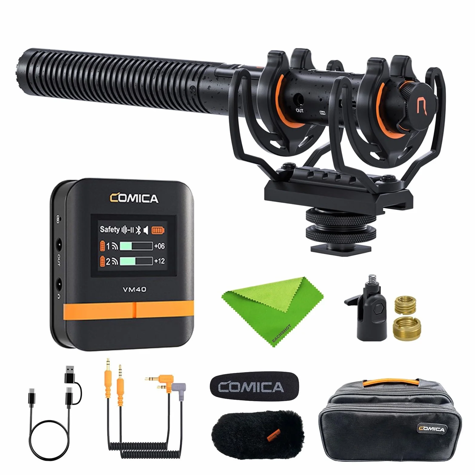 Comica VM40 Microfono Shotgun Wireless, Diagramma Polare Super Cardioide 2.4G, Registrazione Float 48kHz/32-bit, Doppia Modalità Cablata/Wireless, Archiviazione di Registrazione Integrata 32G