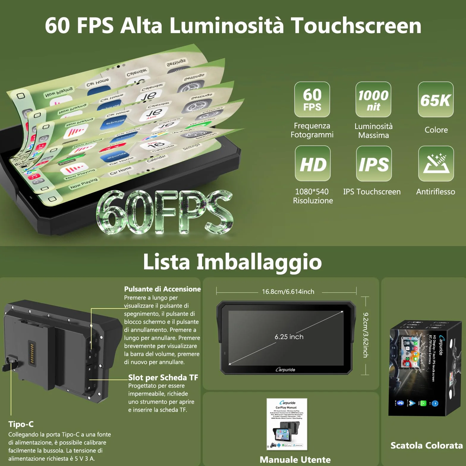Carpuride W602BS Pro Carplay Schermo per BMW Moto, Nativo Wonder Wheel Controllo e Lettura Dati, Senza Fili CarPlay e Android Auto, 6,25" Impermeabile Touchscreen, OTA, Doppio Bluetooth, Interfono.