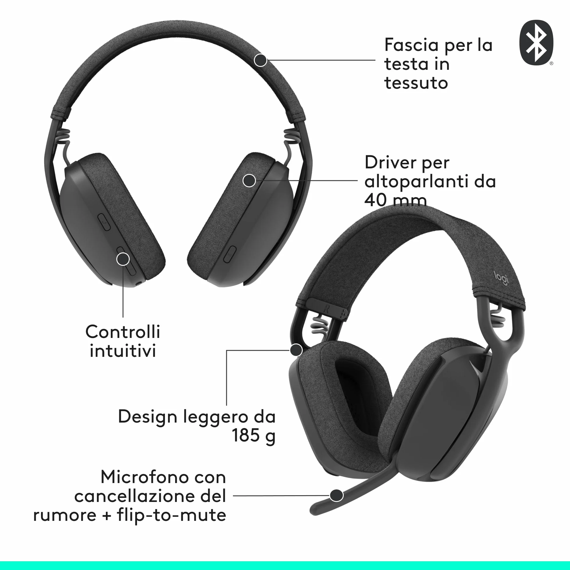 Logitech Zone Vibe 100 Cuffie Wireless Over-Ear Leggere con Microfono con Eliminazione del Rumore, Auricolare Bluetooth Multipoint, Compatibile con Teams, Google Meet, Zoom, Mac/PC - Grigio