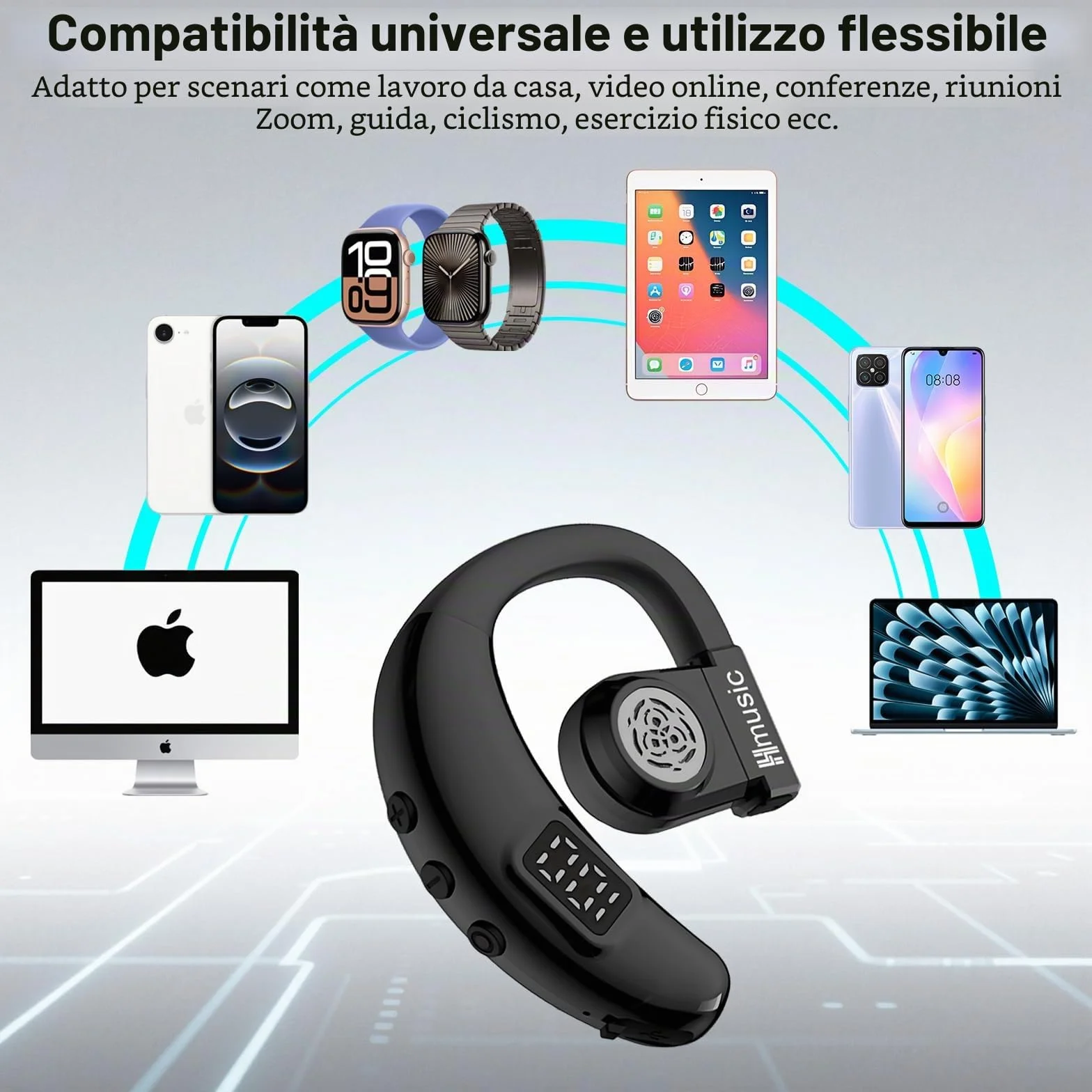 Hmusic Auricolare Bluetooth Singolo V5.4, Rotazione 180°, per Orecchio sinistro e destro, IPX5 Impermeabile, 20 Ore di Autonomia con microfono ENC, per guida, lavoro e sport (nero)