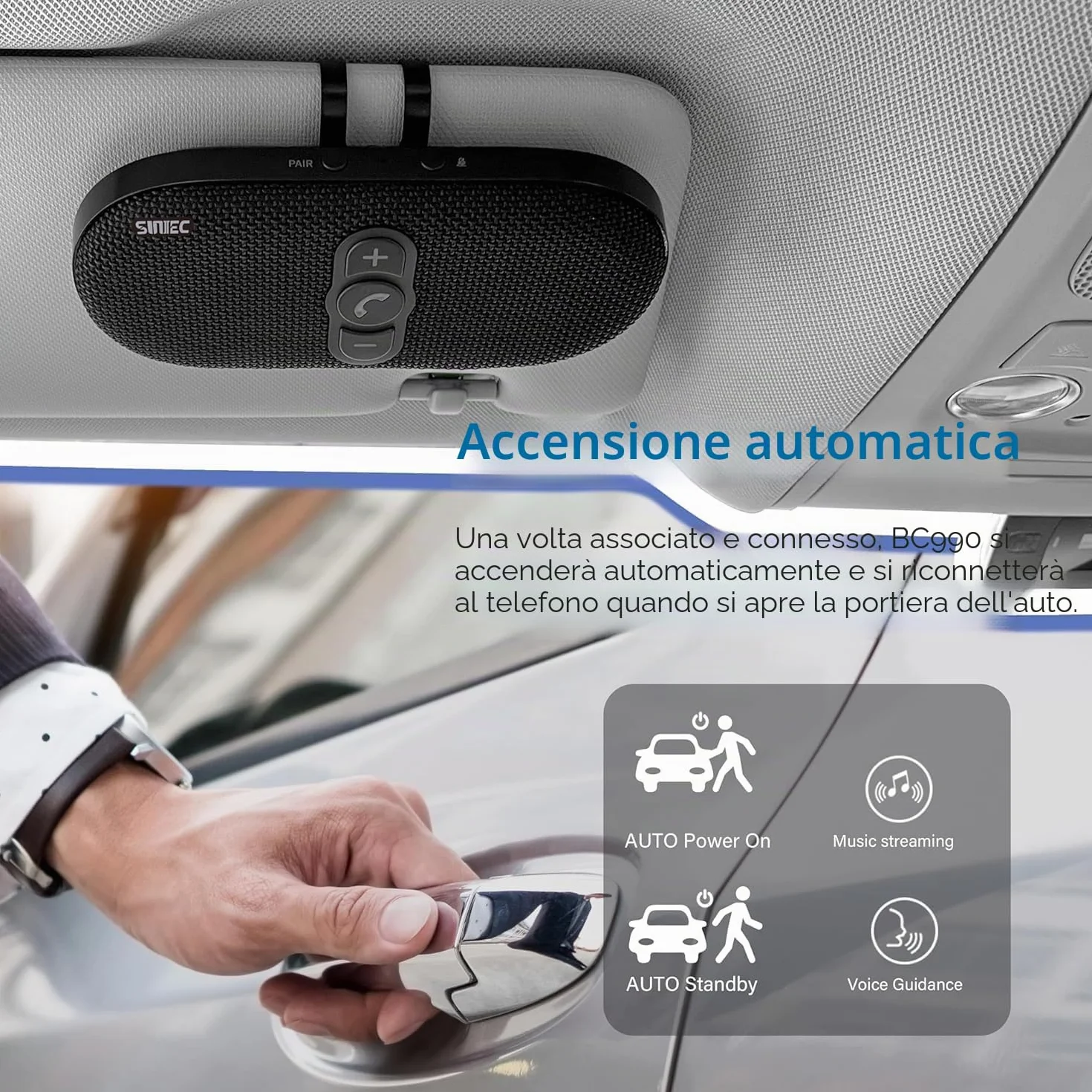 Vivavoce per auto Bluetooth 5.1 con clip Wireless vivavoce si collega a Siri & Google Assistant Supporto Auto ON Off Altoparlante forte 6W per GPS Musica Telefono