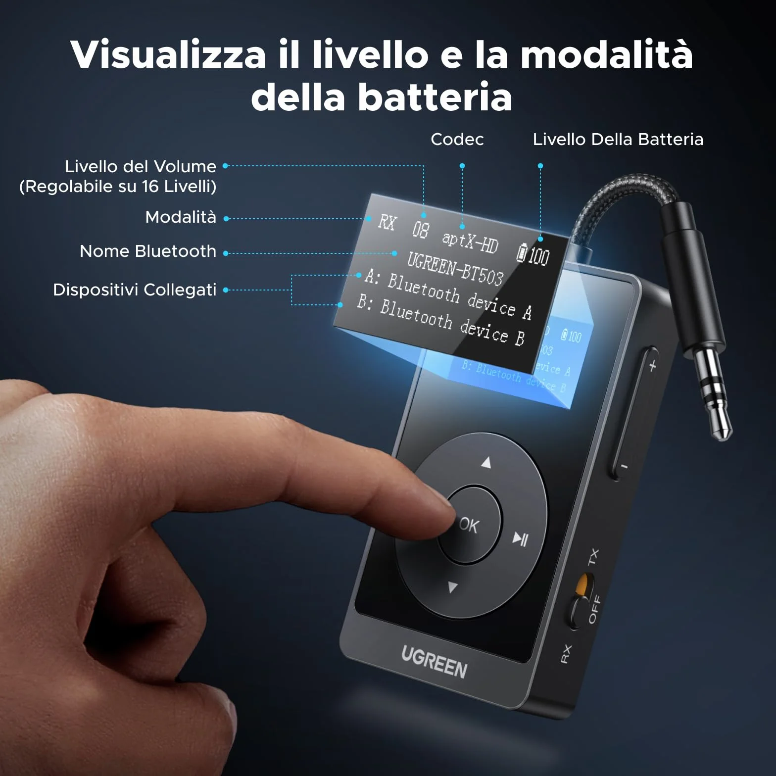 UGREEN Ricevitore Trasmettitore Bluetooth 5.3 aptX HQ Adattatore Bluetooth 2 in 1 Audio Jack da 3,5 mm per Auto Aereo TV PC Altoparlante Amplificatore