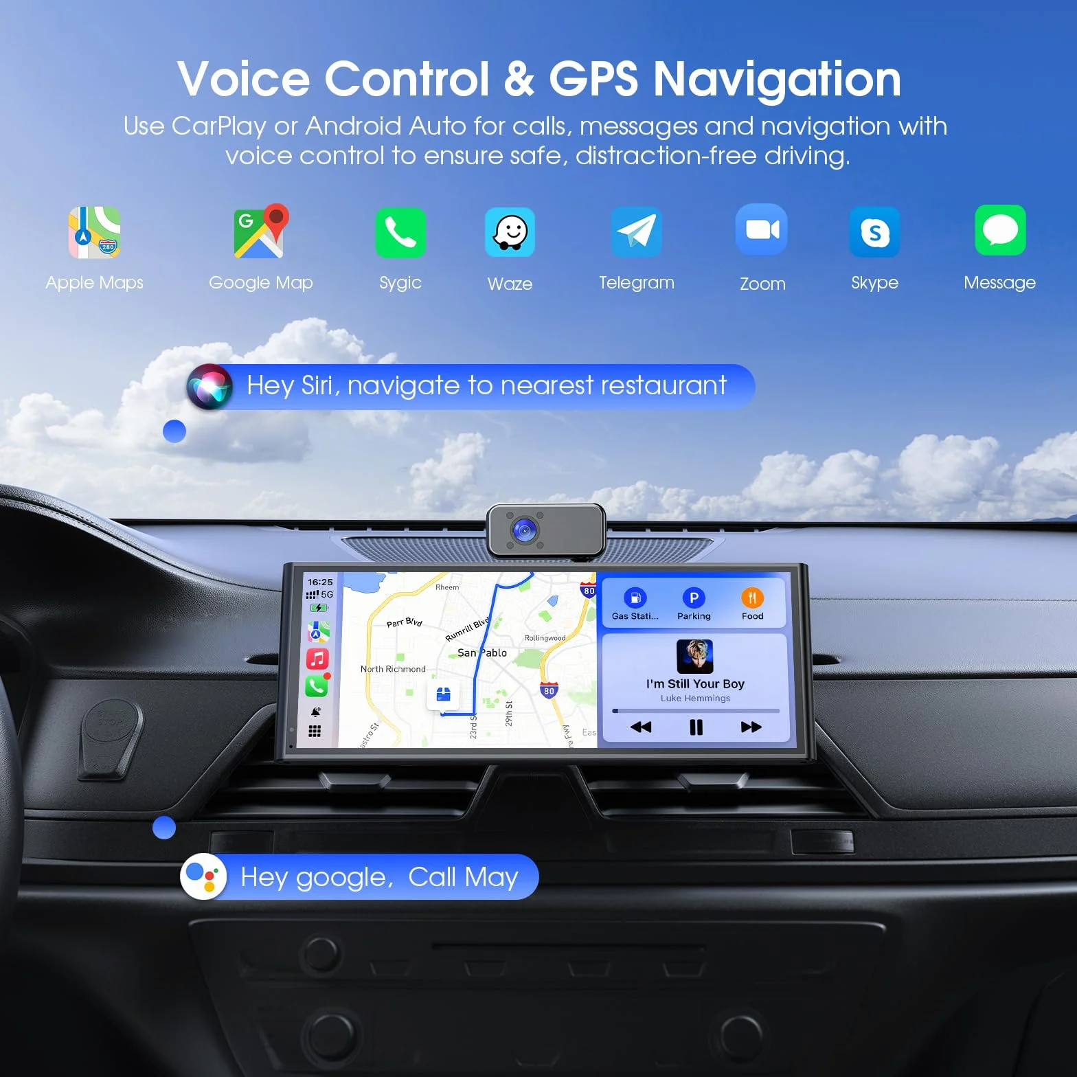 Avylet 10, 26" Carplay Auto con Schermo da 60 FPS, Android Auto con 3 Telecamere (Front Dash Cam, Rear, Internal), CarPlay Portatile con Navigazione OTA/GPS/Mirror Link/Controllo Vocale/Bluetooth/AUX