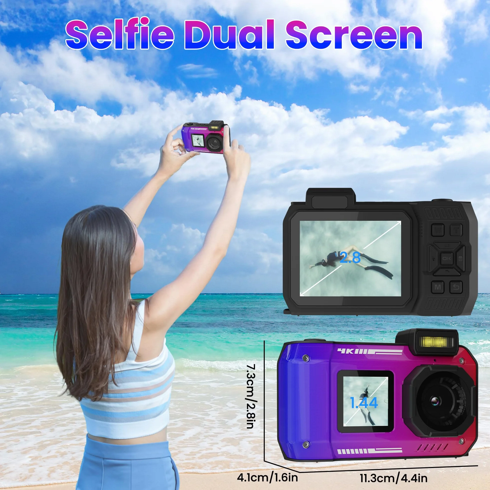 Fotocamera digitale 4K 33FT con scheda 64G, fotocamera subacquea da 48 MP, impermeabile, robusta, antipolvere, antiurto, per snorkeling, immersioni, selfie, doppio schermo, punto e fotocamera digitale