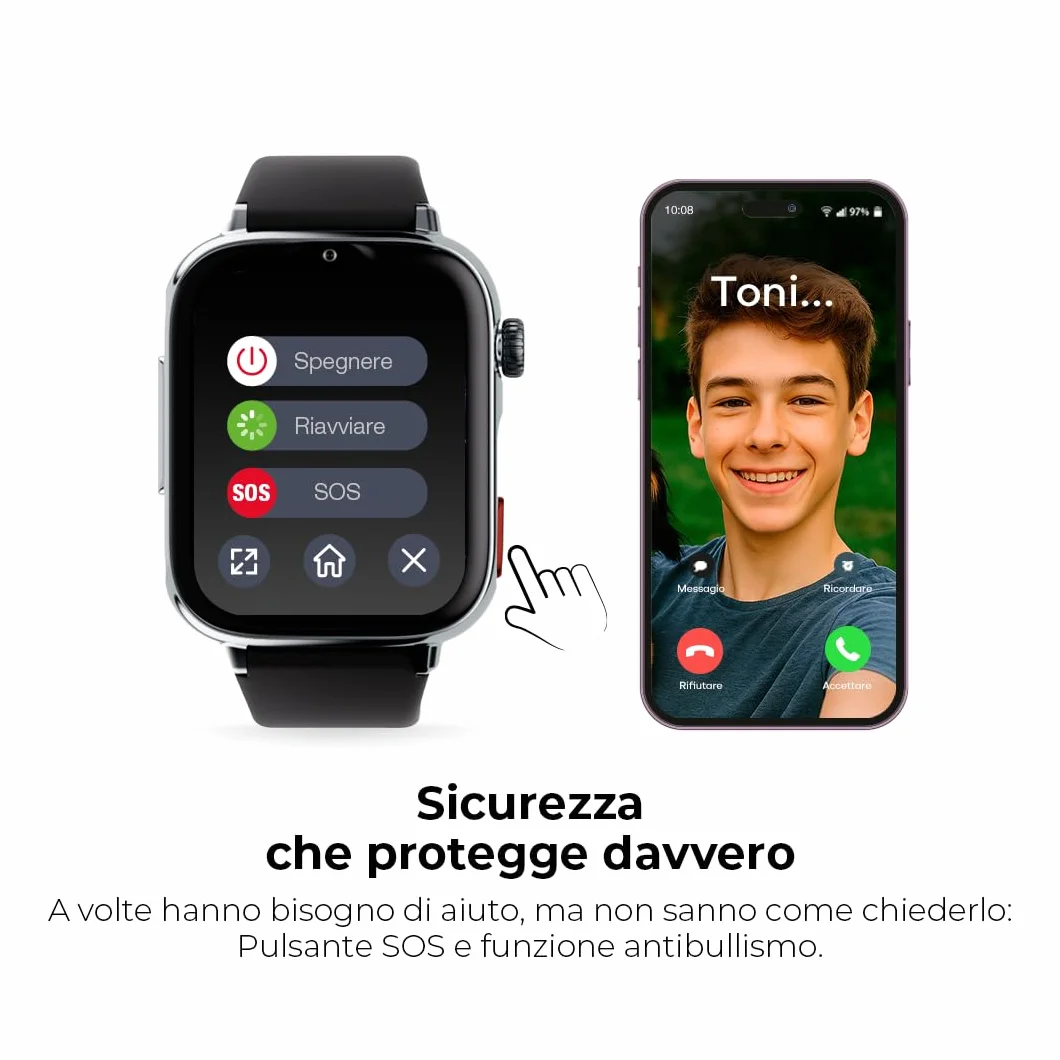 SaveFamily SaveWatch Plus 2 | Smartwatch per Bambini con Localizzatore GPS, Chiamate, Video, WhatsApp, Spotify, App Store - Quadrante Nero e Cinturino in Silicone Nero