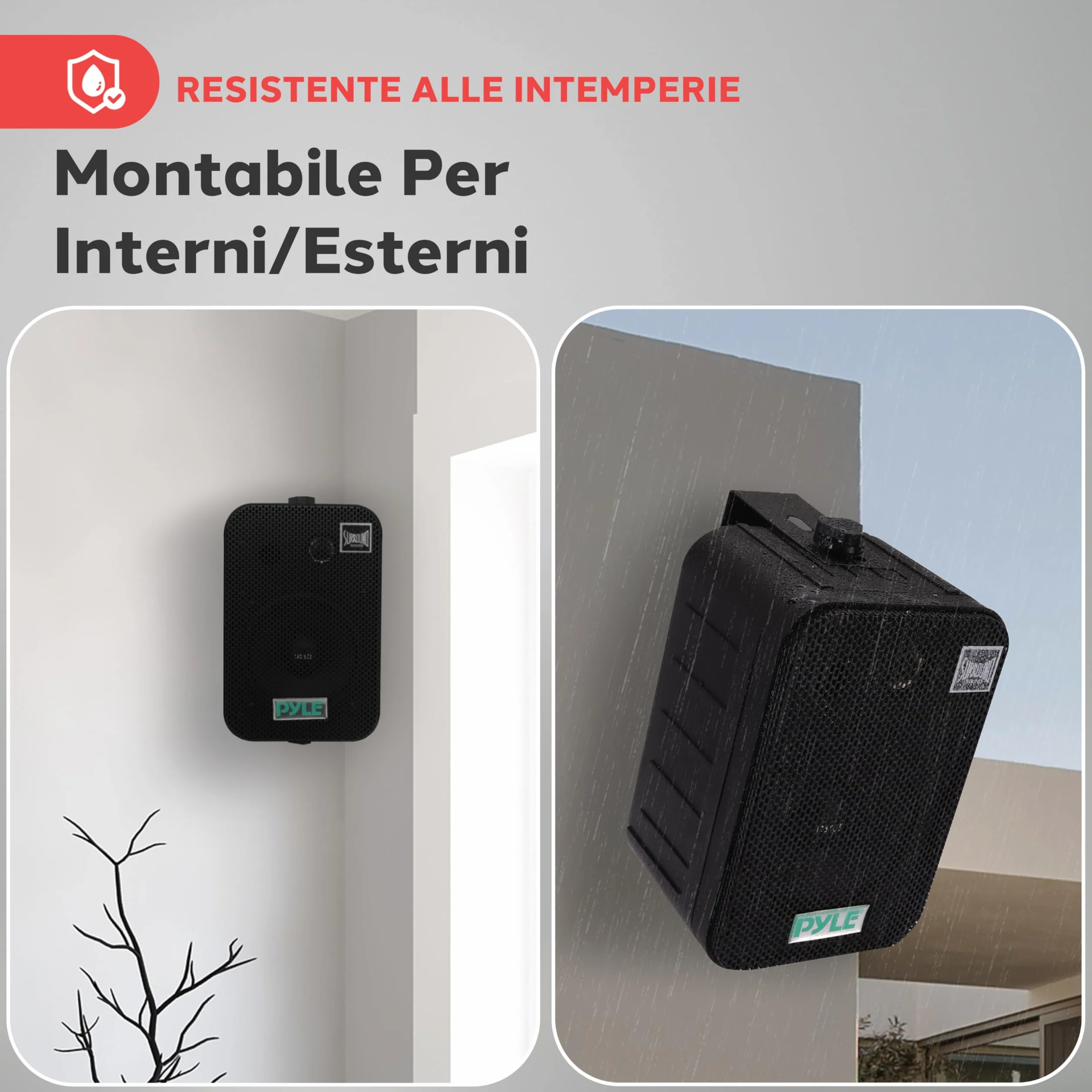 Pyle Sistema Altoparlanti Esterni con Cassa Audio Cablata, Coppia, Speaker Grado Marino 2 Vie 300 Watt Max, Woofer 8.9 Centimetri e Tweeter 2.5 Centimetri, Montaggio Universale per Parete o Soffitto