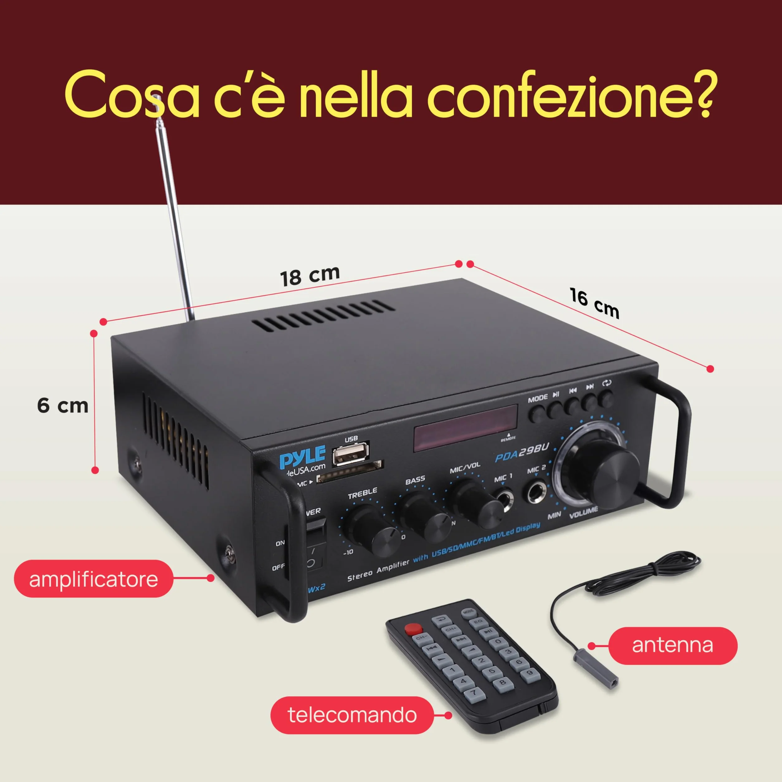 Pyle Preamplificatore Phono, Amplificatore Audio Stereo Wireless Bluetooth 200 Watt, Doppio Canale, RCA, USB, SD, Microfono, Radio FM
