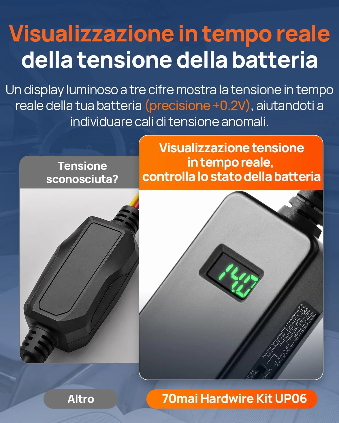 70mai UP06 Hardwire Kit Regolabile, USB-C, Protezione Bassa Tensione 3 Livelli Compatibile con M310, A410, A510, A810S, A800SE, 4K Omni, T800, T800E, Monitoraggio Parcheggio 24h, Display Voltaggio