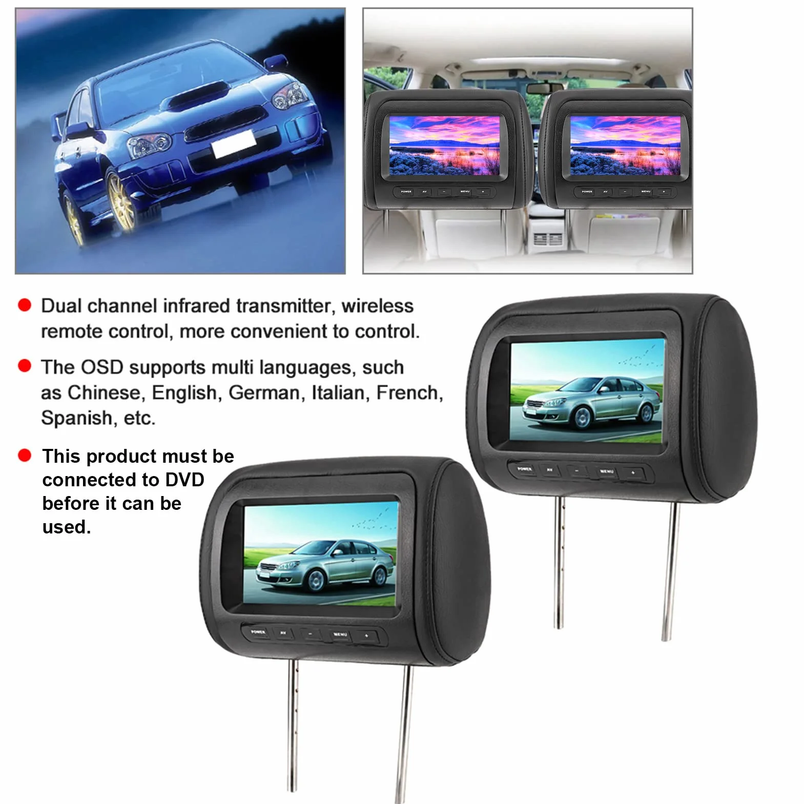 Display Per Poggiatesta Wireless da 2 Pezzi da 7 Pollici, Monitor DVD Per Auto Poggiatesta Regolabile Monitor Video LCD Display MP5 Nero