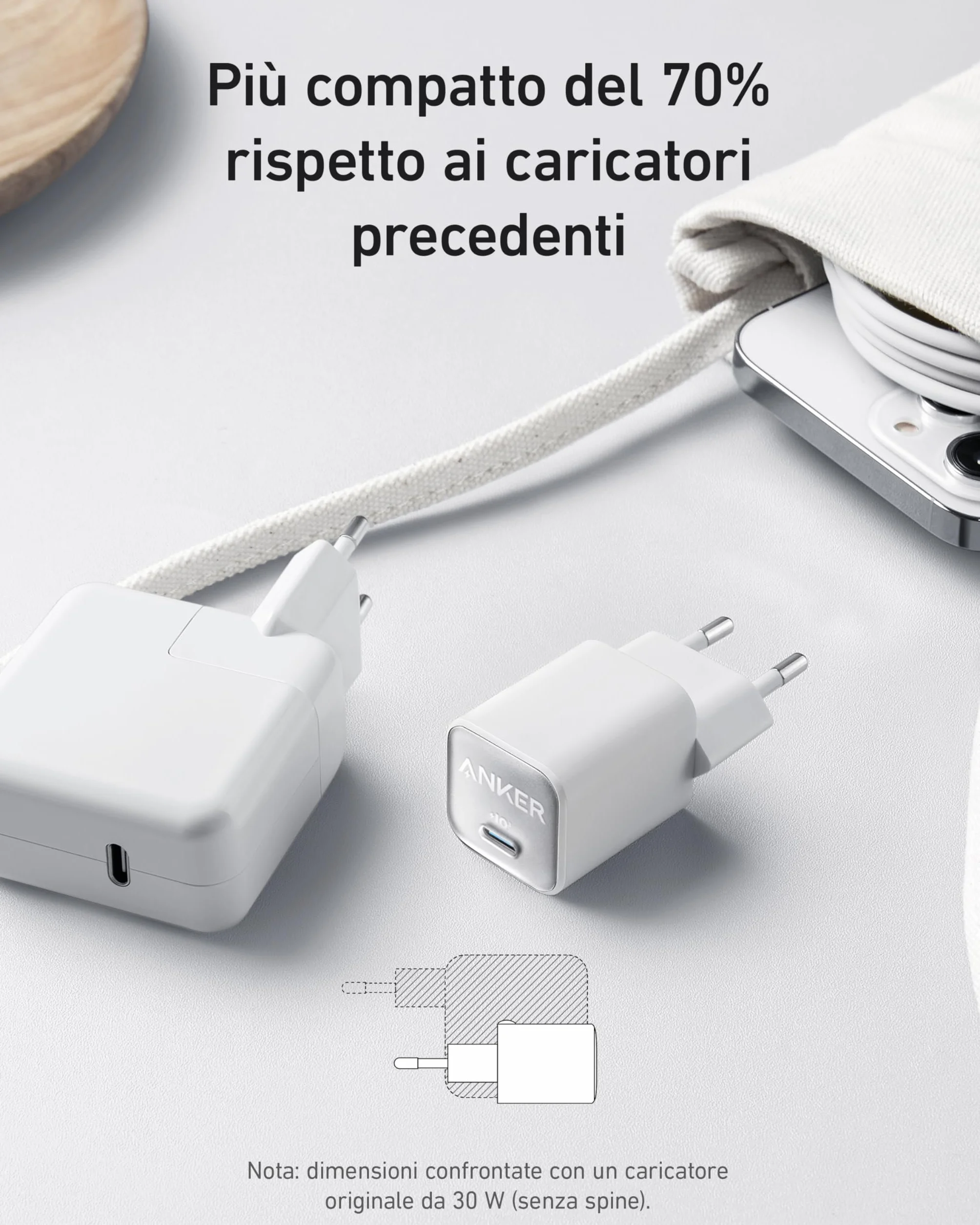 Anker Caricatore iPhone USB C GaN 30W, 511 (Nano 3), Caricabatterie USB C rapido PIQ 3.0 PPS, Compatibile con iPhone 17 Pro Max Air/Serie 16-12,Samsung S25 Ultra,Pixel 4, iPad (Senza Cavo di Ricarica)