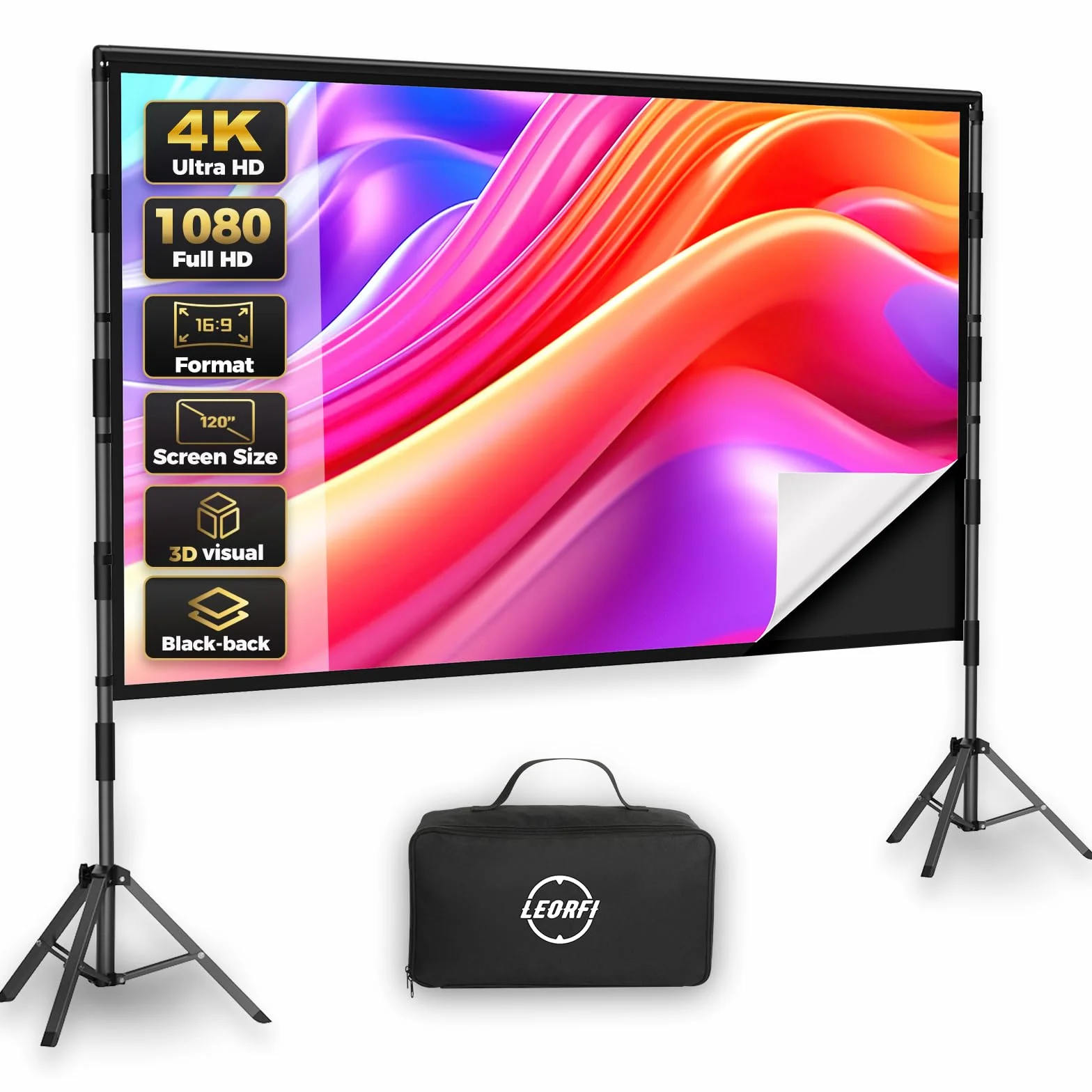 Schermo per Proiettore con Supporto 120 Pollici – LEORFI Schermo Proiezione Portatile Interno Esterno con Retro Nero, 16:9 4K HD, Antipiega, Borsa da Trasporto per Giardino e Home Cinema