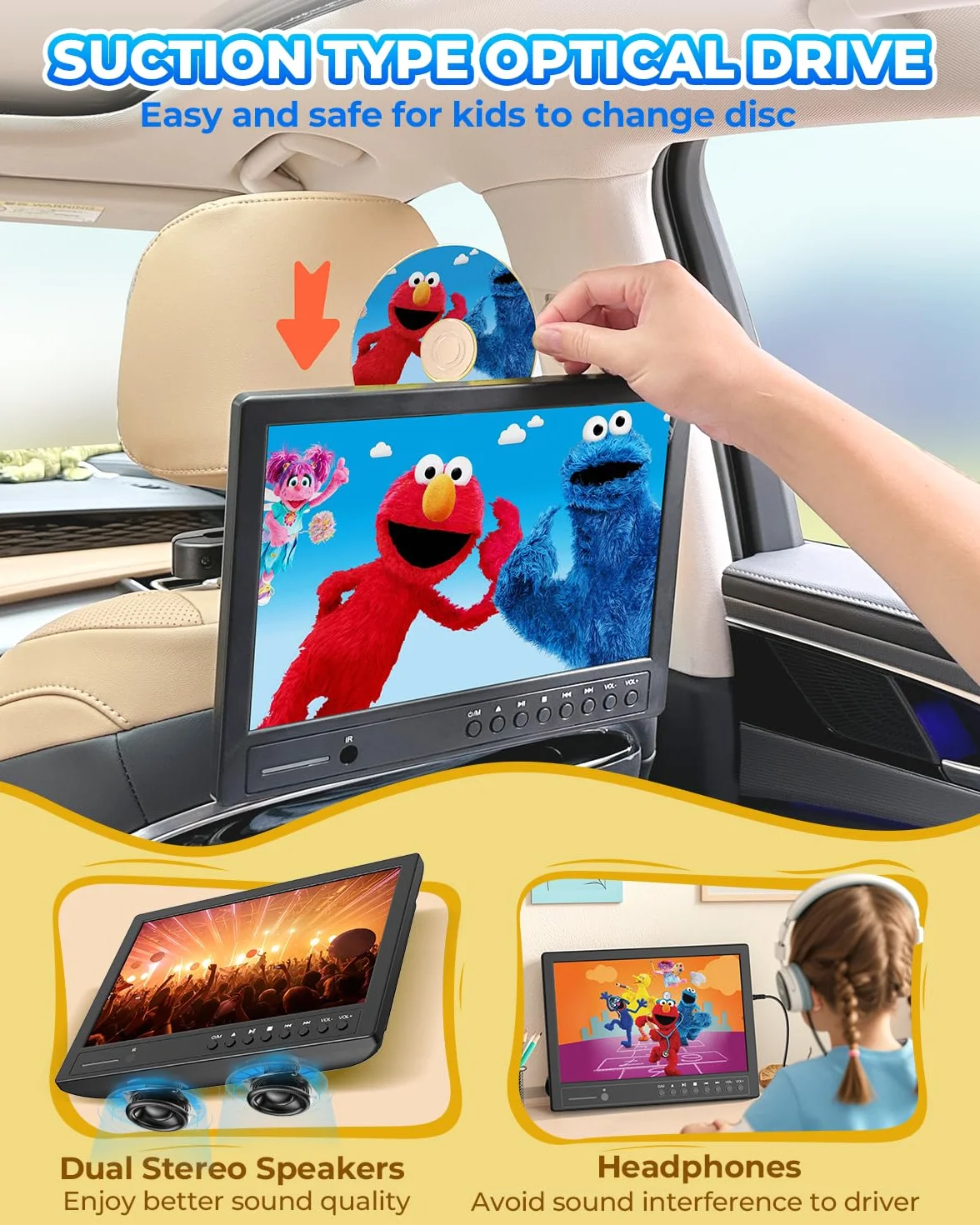 Arafuna 12,5 Pollici Lettore DVD Portatile, 1080P Lettore DVD Auto, Supporta l'ingresso USB/TF, HDMI, AV, Non Ricaricabile