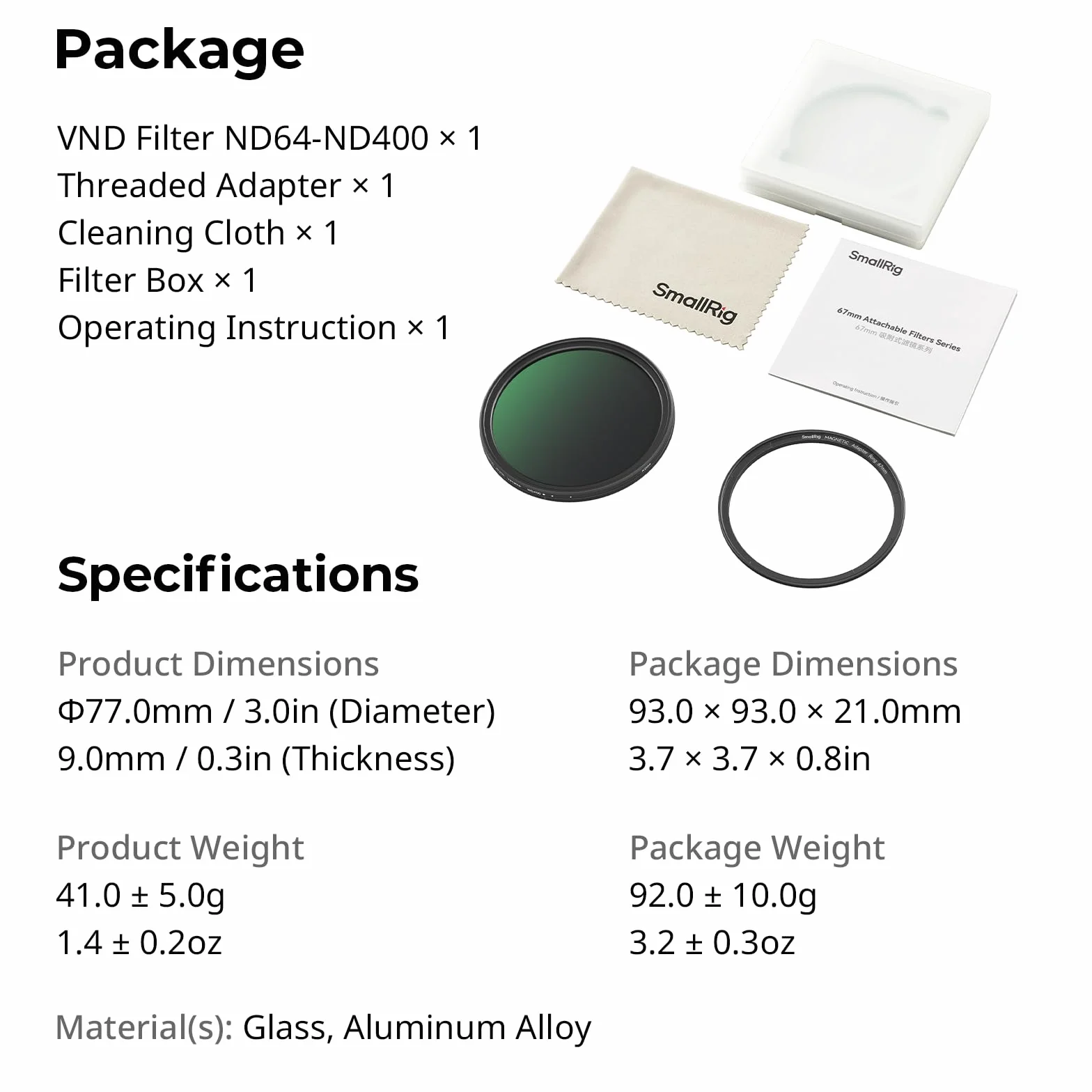 SmallRig Filtro magnetico VND 67 mm ND64-ND400 (6-9 stop), filtro ND regolabile per iPhone 16/S24 Ultra/per obiettivi Vivo X100 e 67 mm, vetro ottico No X Cross HD, con adattatore filettato - 5169