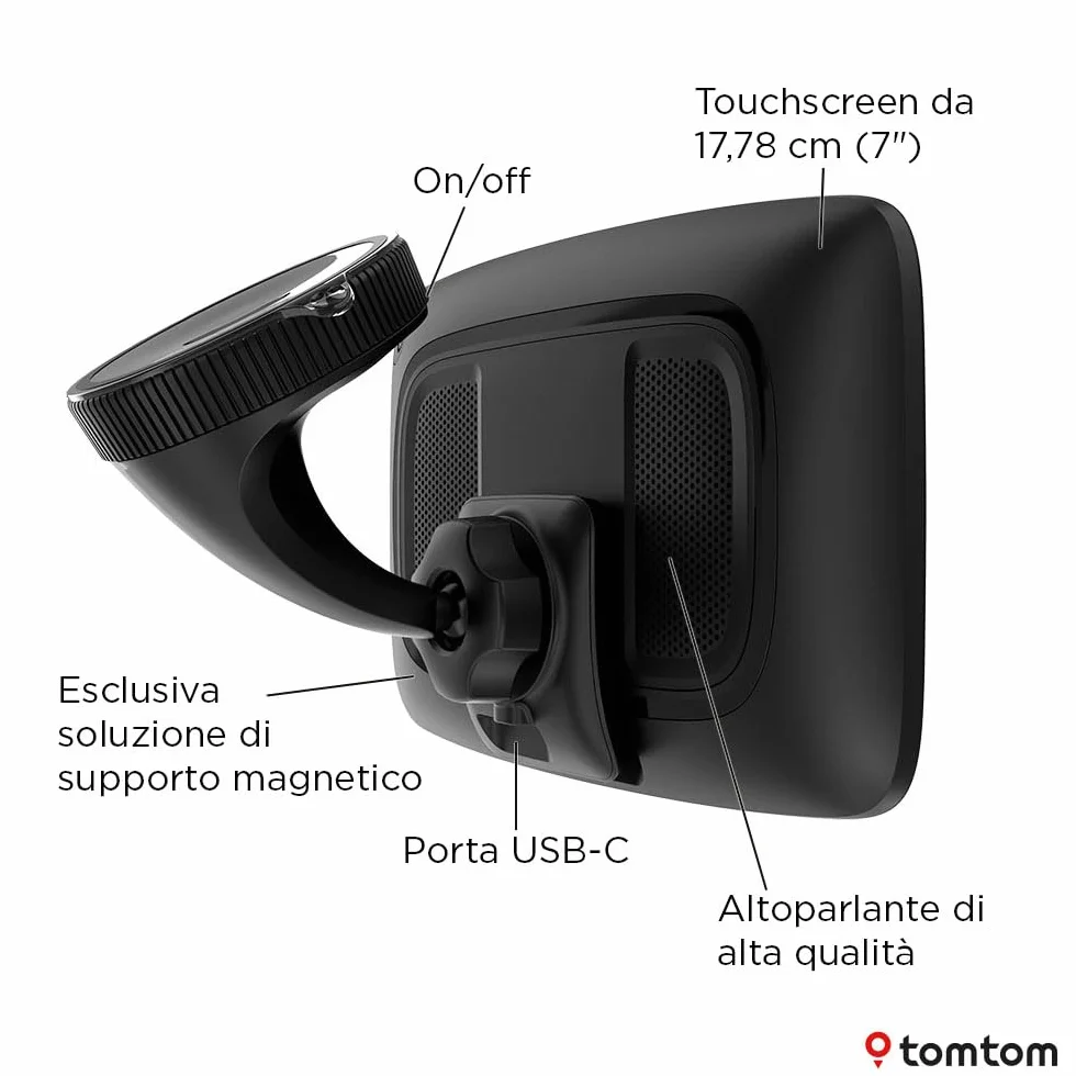 TomTom Navigatore per auto GO Navigator (schermo extra large da 7", traffico in tempo reale, 12 mesi di avvisi autovelox, mappe europee, aggiornamenti Wi-Fi, servizi Premium, supporto Click-and-drive)
