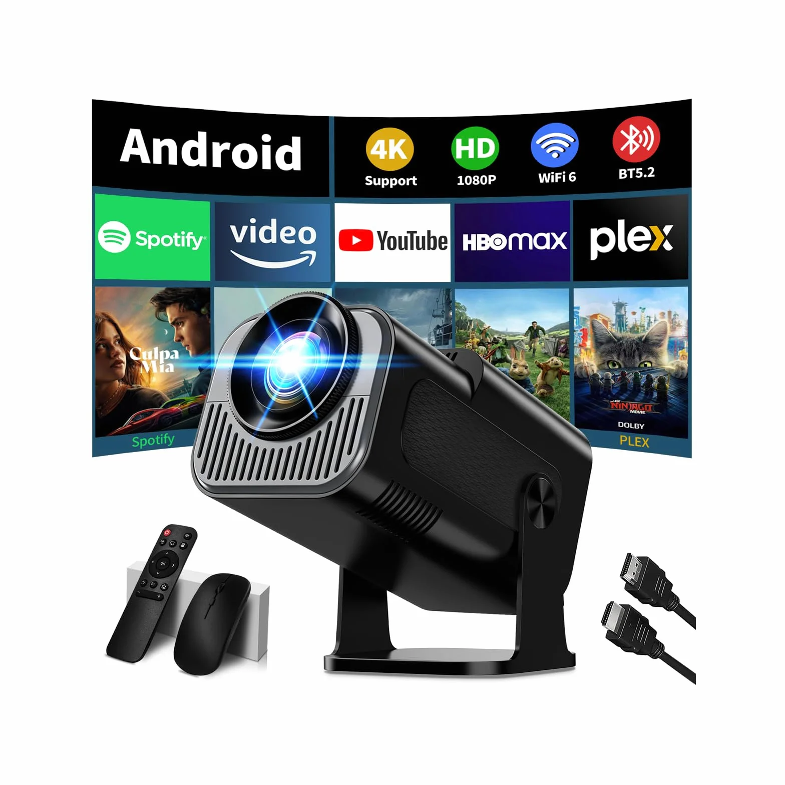 Proiettore 1080P 4K WiFi 6 Bluetooth 5.2 Mini Portatile con Rotativo 270° Auto Keystone Nero