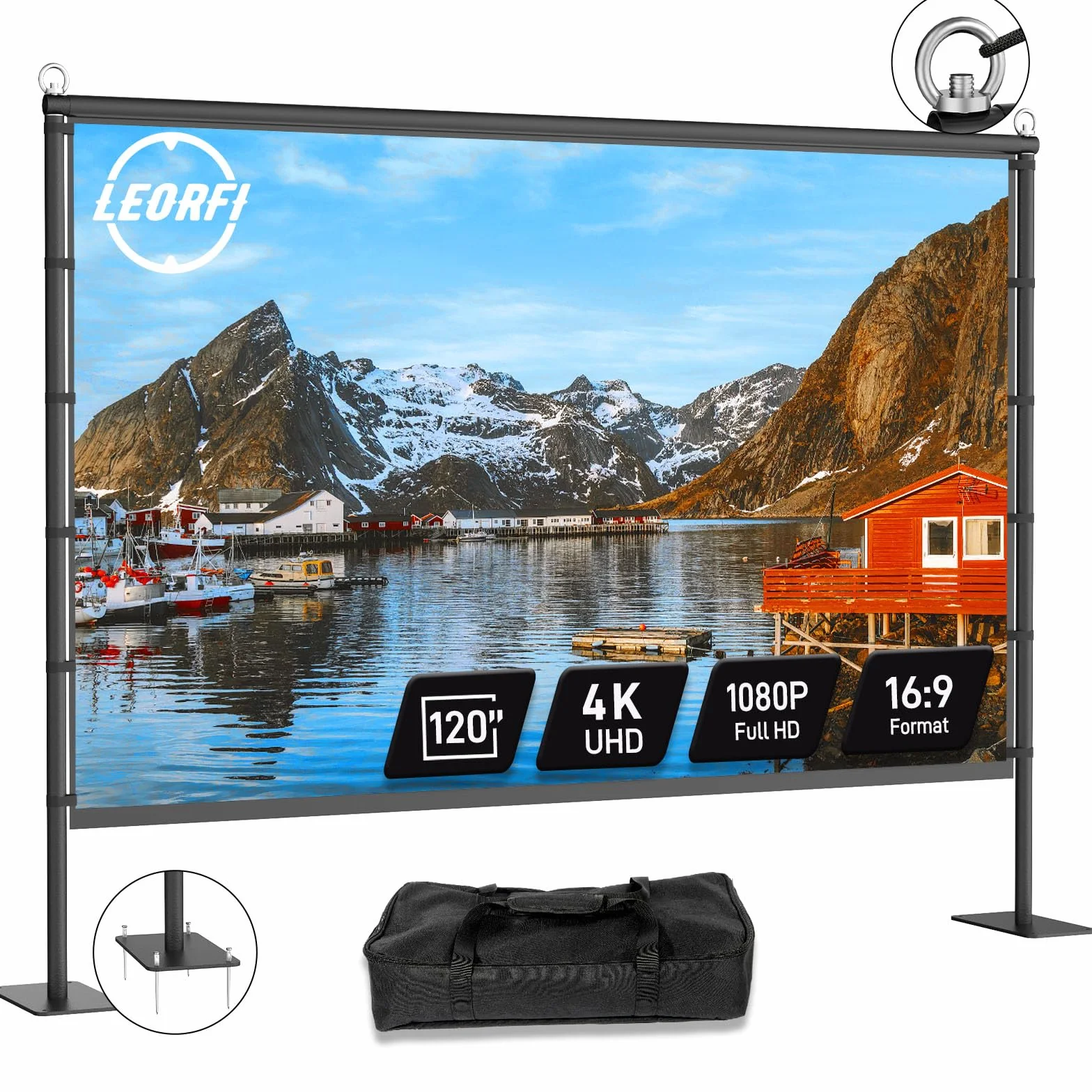 Schermo per Proiettore con Supporto LEORFI 120 Pollici Portatile - Base Rinforzata, Superficie HD 4K 16:9 Senza Piega - Proiezione Frontale/Retroproiezione - Con Borsa da Trasporto