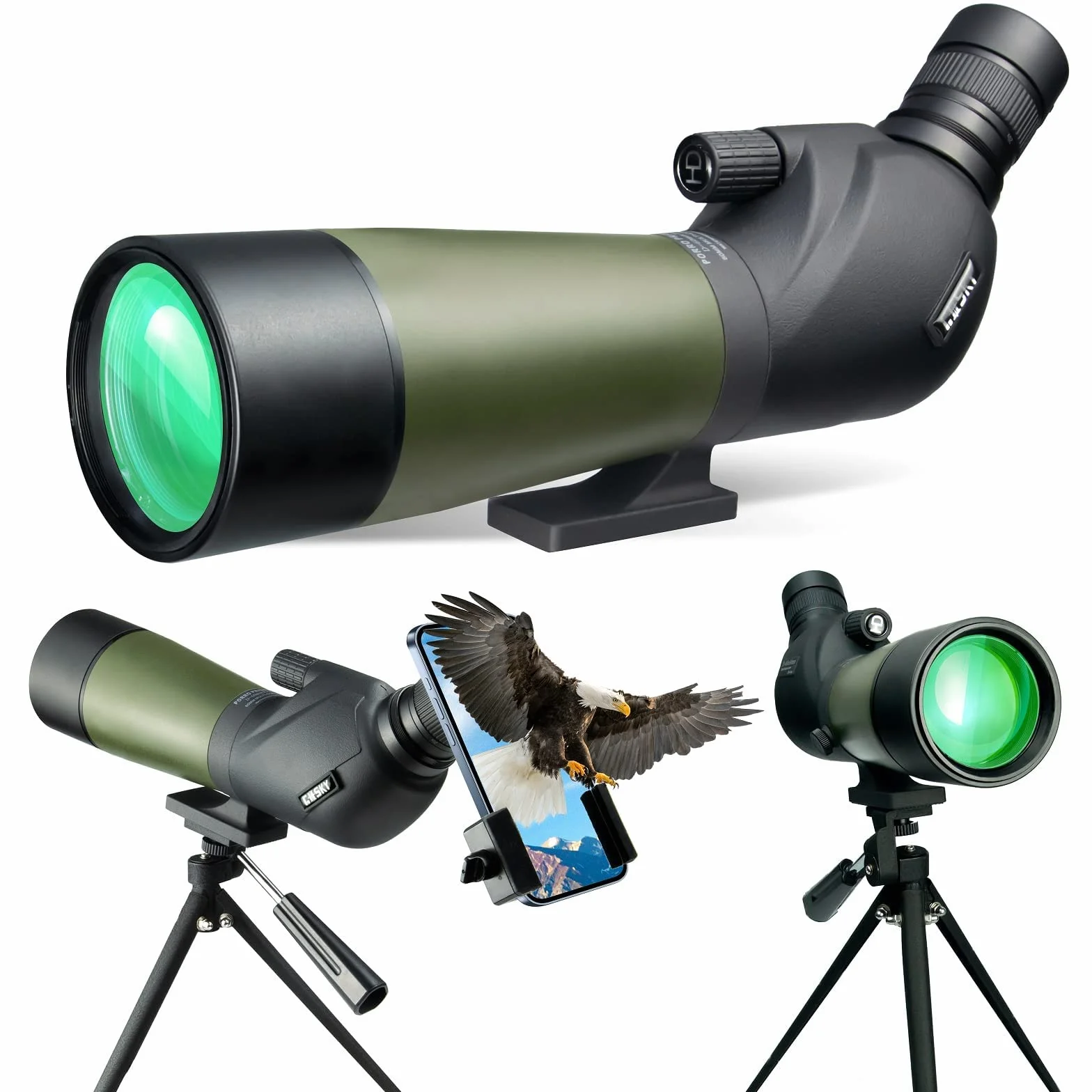 Gosky 20-60x, 60 mm - Cannocchiale con treppiede, borsa da trasporto e adattatore per telefono, oculare BAK4 ad angolo di 45°, per tiro al bersaglio, caccia, osservazione degli uccelli