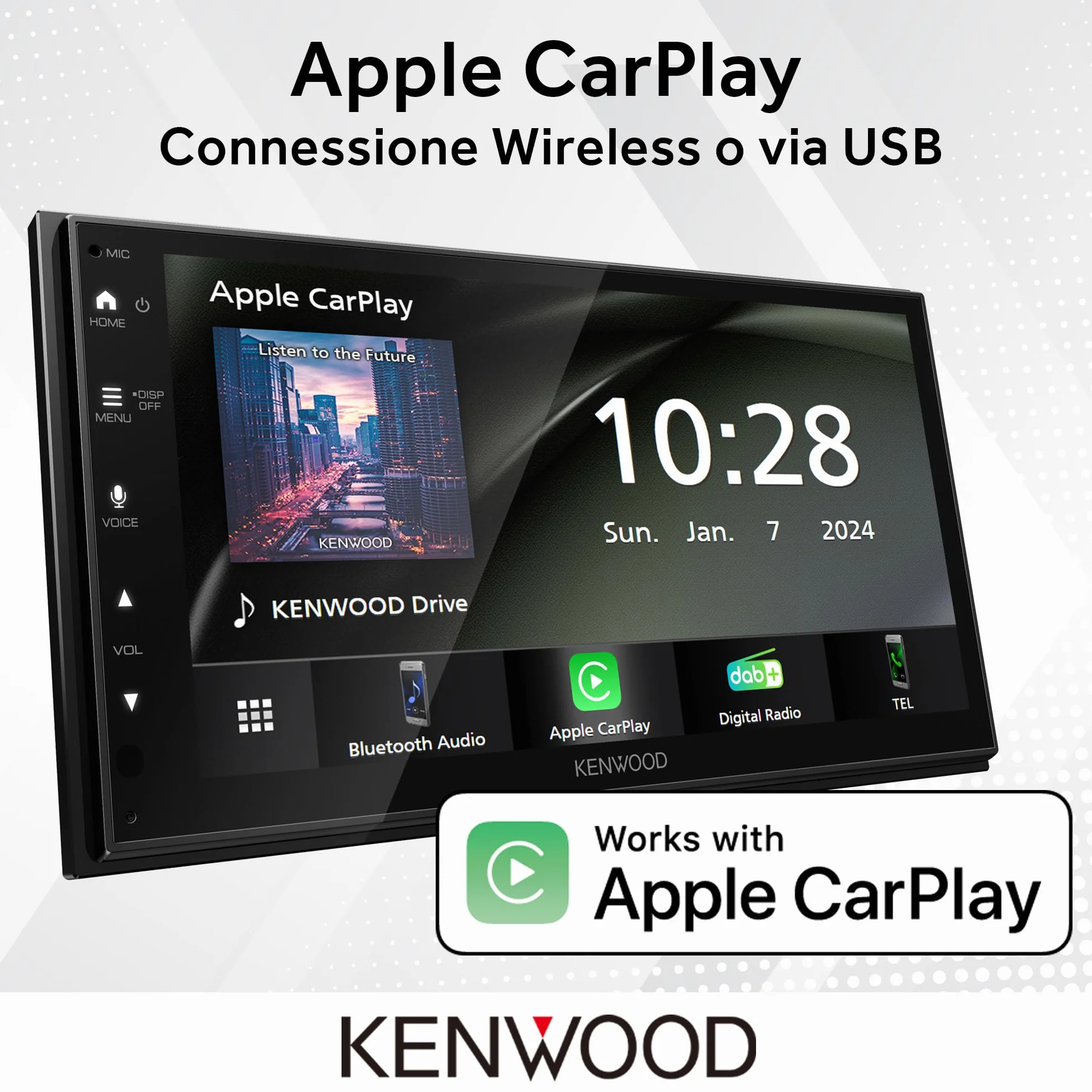 KENWOOD DMX6523DABS AV Mechless 6,8" WSVGA, DAB+, CarPlay/Android Auto wireless/cavo, Wireless Mirroring 2-Way, Bluetooth, Ingresso retrocamera – Nero