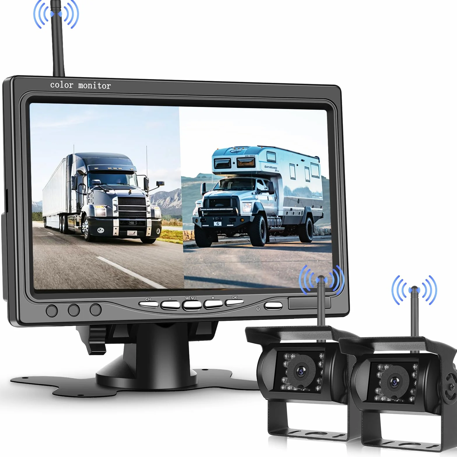 Hodozzy Kit 2 Telecamera Digitale di Retromarcia Senza Fili, 7 Pollici Monitor HD 1080P con 2 Telecamere, Visione Notturna Impermeabile, Telecamera Posteriore Wireless Auto per Furgoni/Camion/Camper