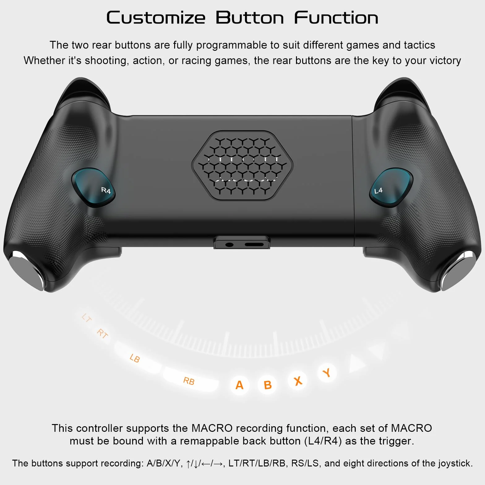 Joso Controller per iPhone 15/16 e Android (USB-C), controller di gioco remoto per console PS5/PS4/Xbox, Joysticks Effetto Hall, 2 pulsanti mappabili, jack audio da 3,5 mm