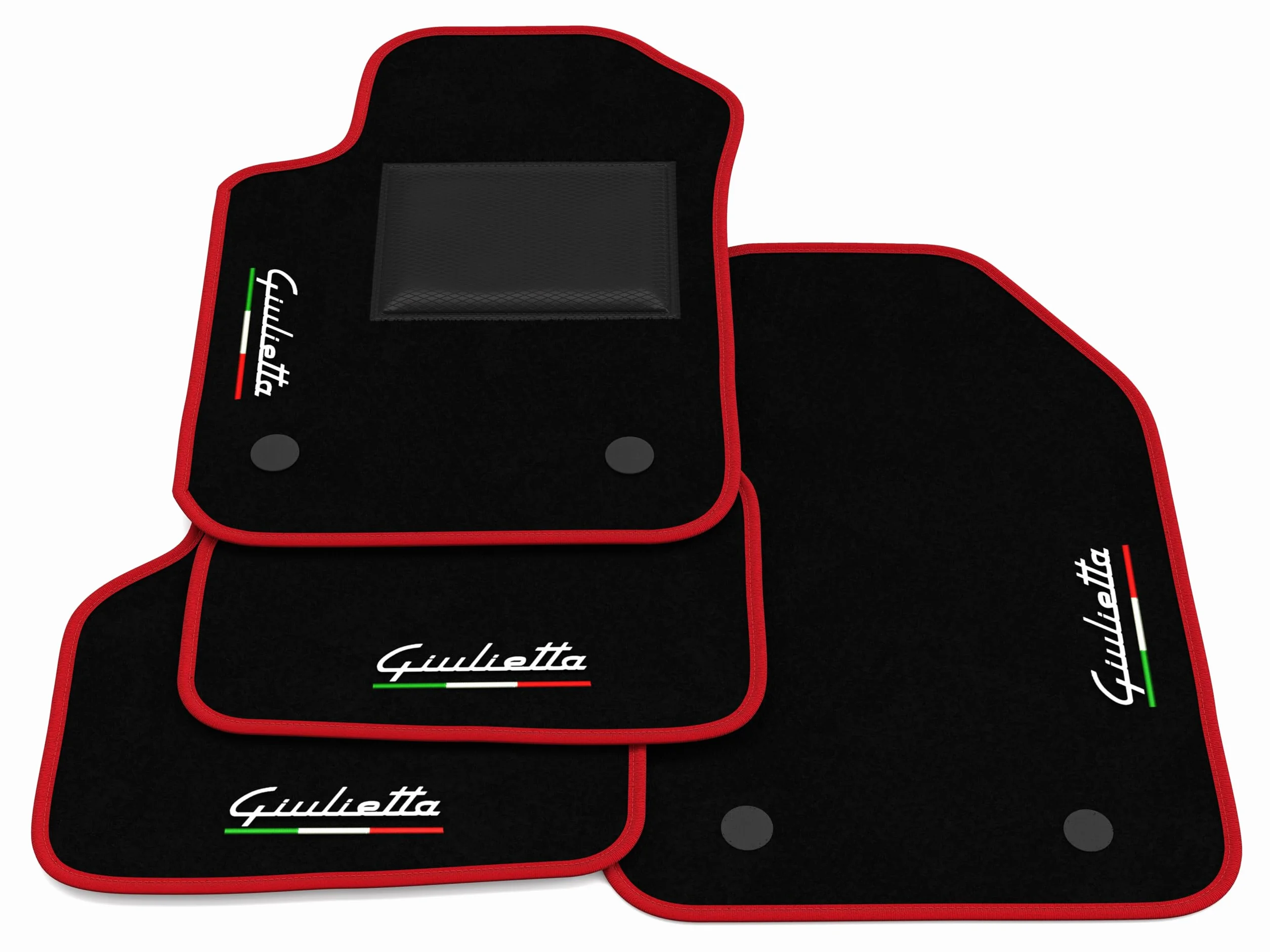 Tappetini compatibili con Alfa Romeo Giulietta, ricamo Giulietta bandiera Ita, kit tappetini auto personalizzati, set tappeti in moquette, bordo rosso