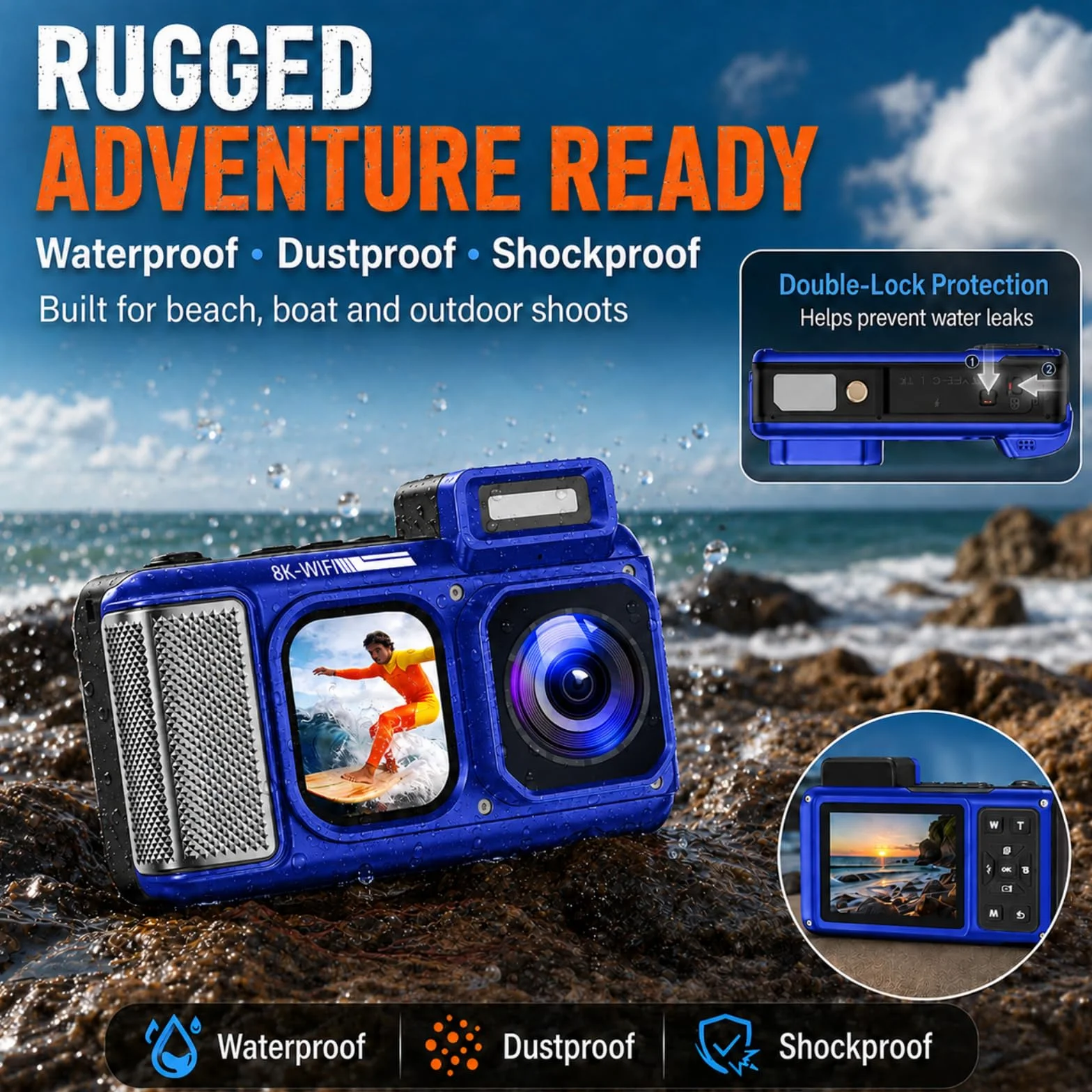 Maxmango V08 Pro 49FT Macchina Fotografica Subacquea - 8K 90MP WiFi Macchina Fotografica Digitale, 2.8'' Touchscreen Robusta Antipolvere Antiurto per Snorkeling, 64GB Fotocamera Digitale, Blu