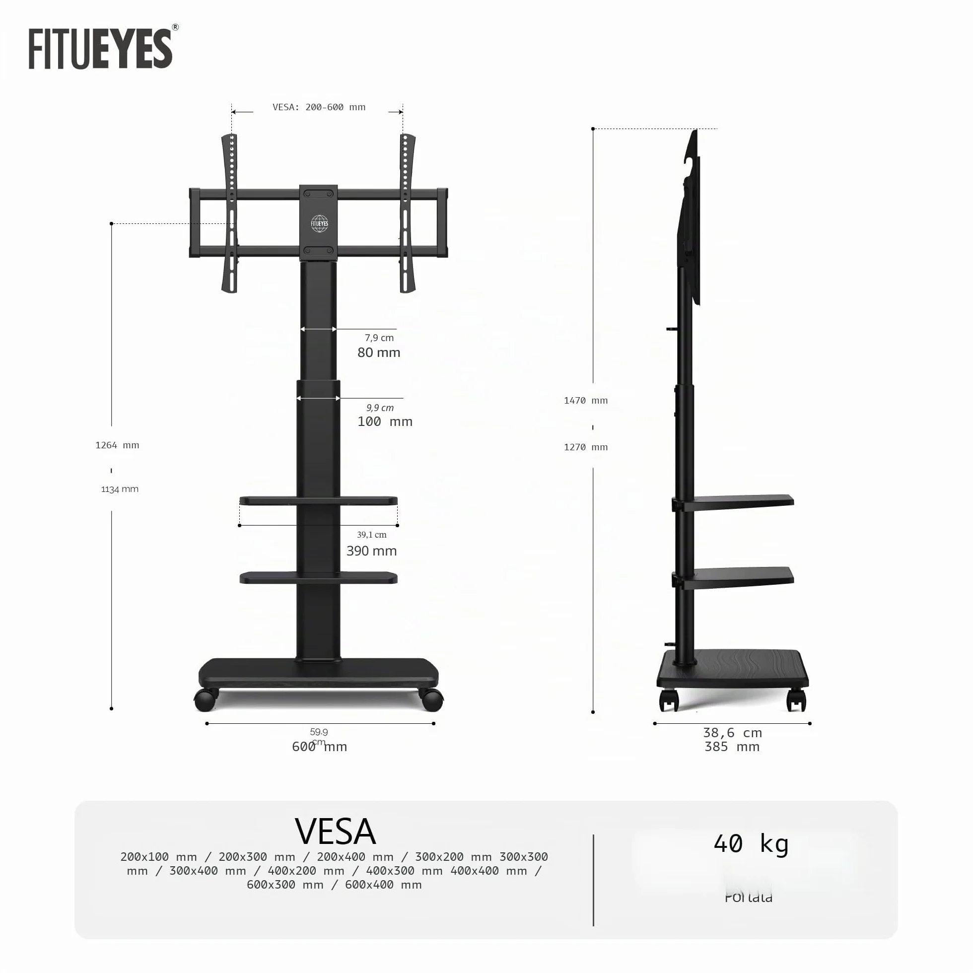 FITUEYES Supporto TV Da Pavimento Mobile Con 3 Ripiani Per TV 32–70 Pollici Fino A 40 Kg, Altezza Regolabile E Girevole, VESA Massimo 600×400, Ideale Per Appartamenti E Uffici