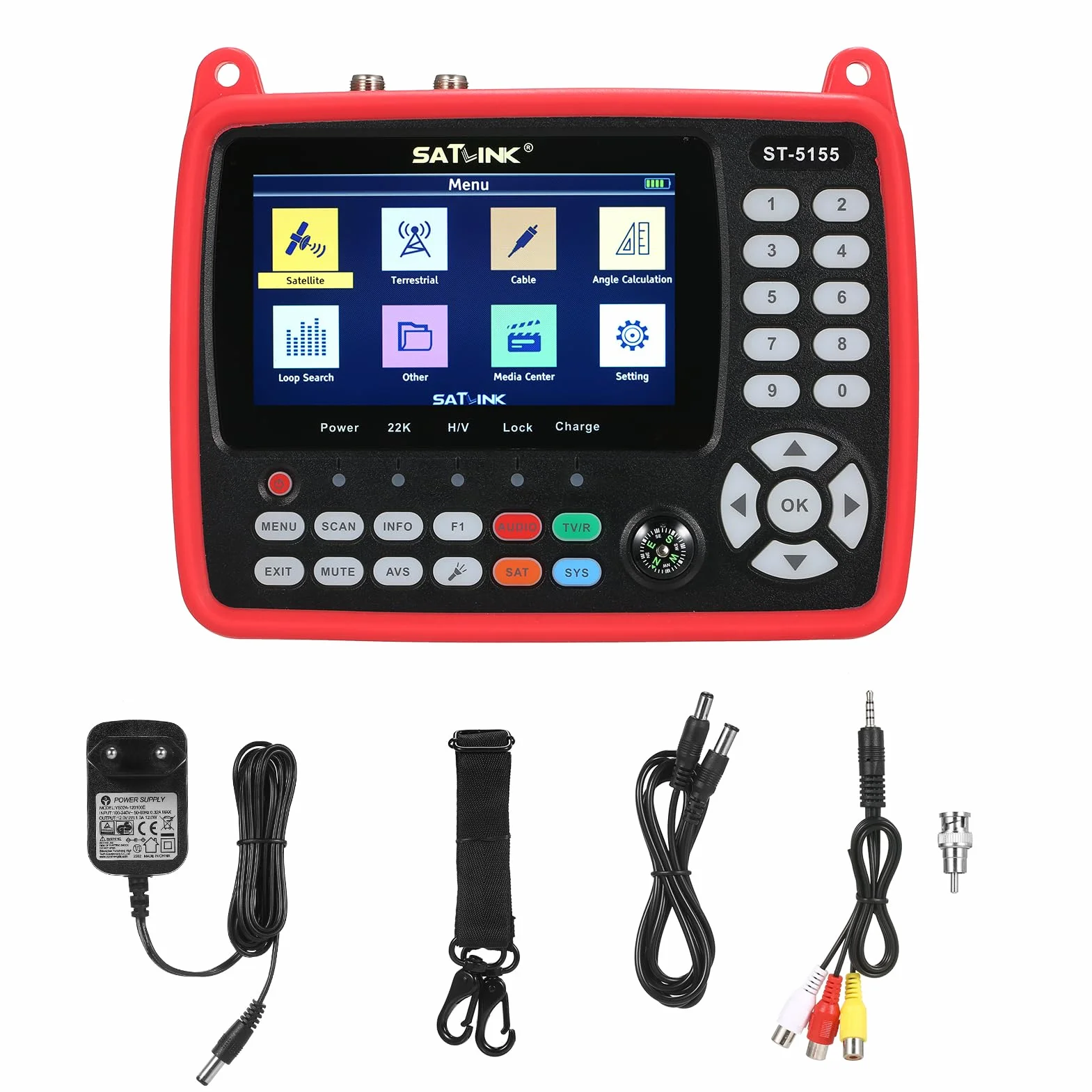 Digital Satellite Finder Meter DVB-S/S2/T/T2/C - Misuratore combinato portatile per TV satellitare, 2600 mAh, misuratore di segnale digitale ricaricabile, H.264/H.265 HEVC MPEG-2/4