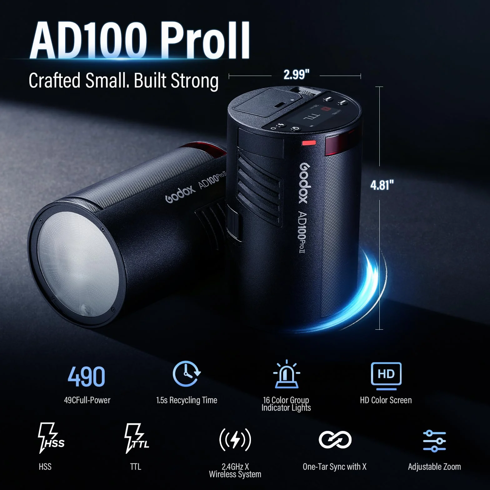 Godox AD100 Pro II Flash, flash tascabile AD100PROII, 100 Ws TTL/M/Multi-funzioni, sistema radio X 2,4 GHz, sistema 1/8000HSS, 0,01-1,5 s, 490 flash a piena potenza Godox AD100pro II Flash