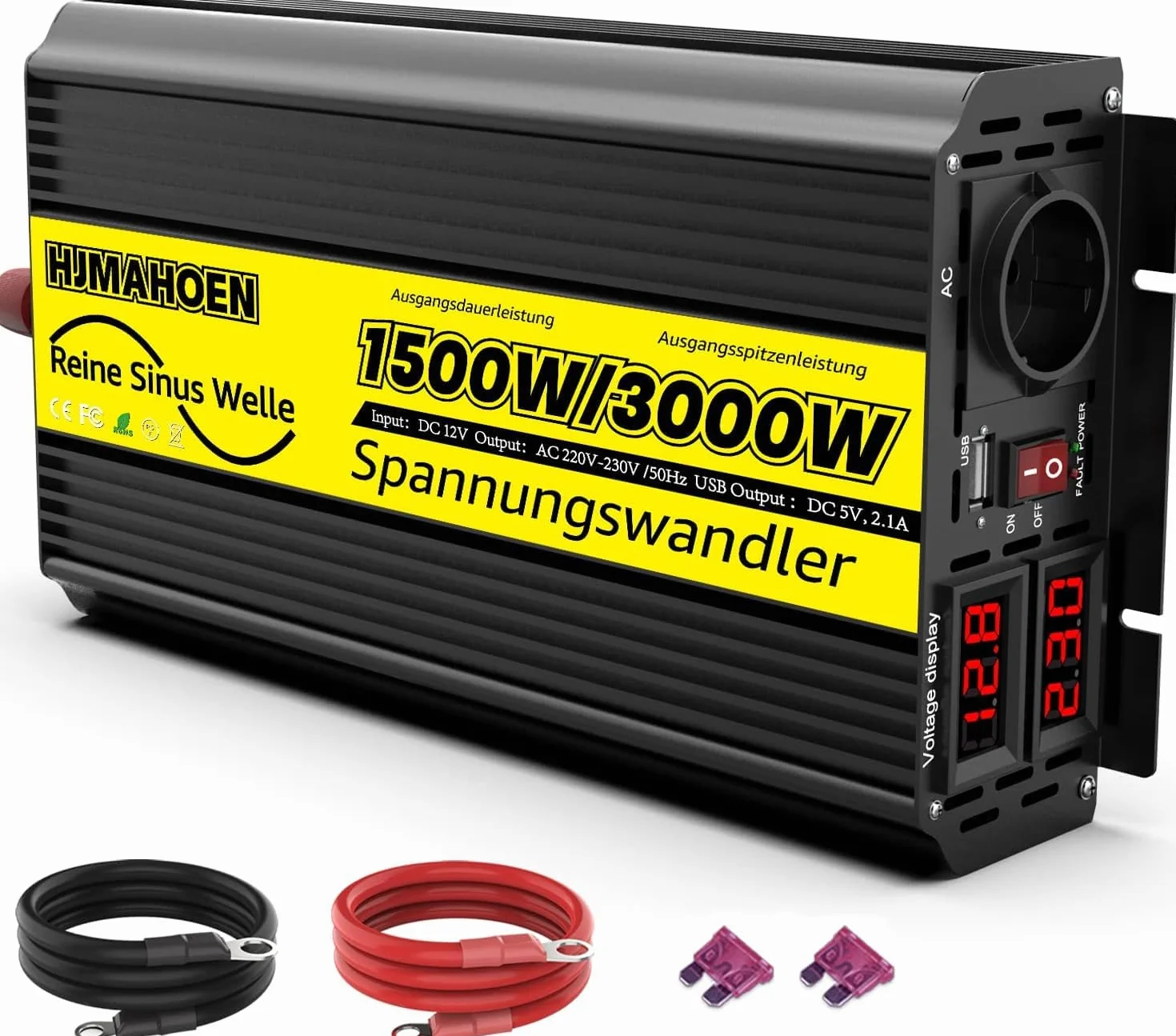 1500W/3000W Pura Sinusoidale Inverter a Onda Sinusoidale Pura da 12V a 230V Convertitore di Tensione a Onda Sinusoidale Pura, per Camper, Camion, Con Porte di Ricarica USB Integrate 5V/2.1A