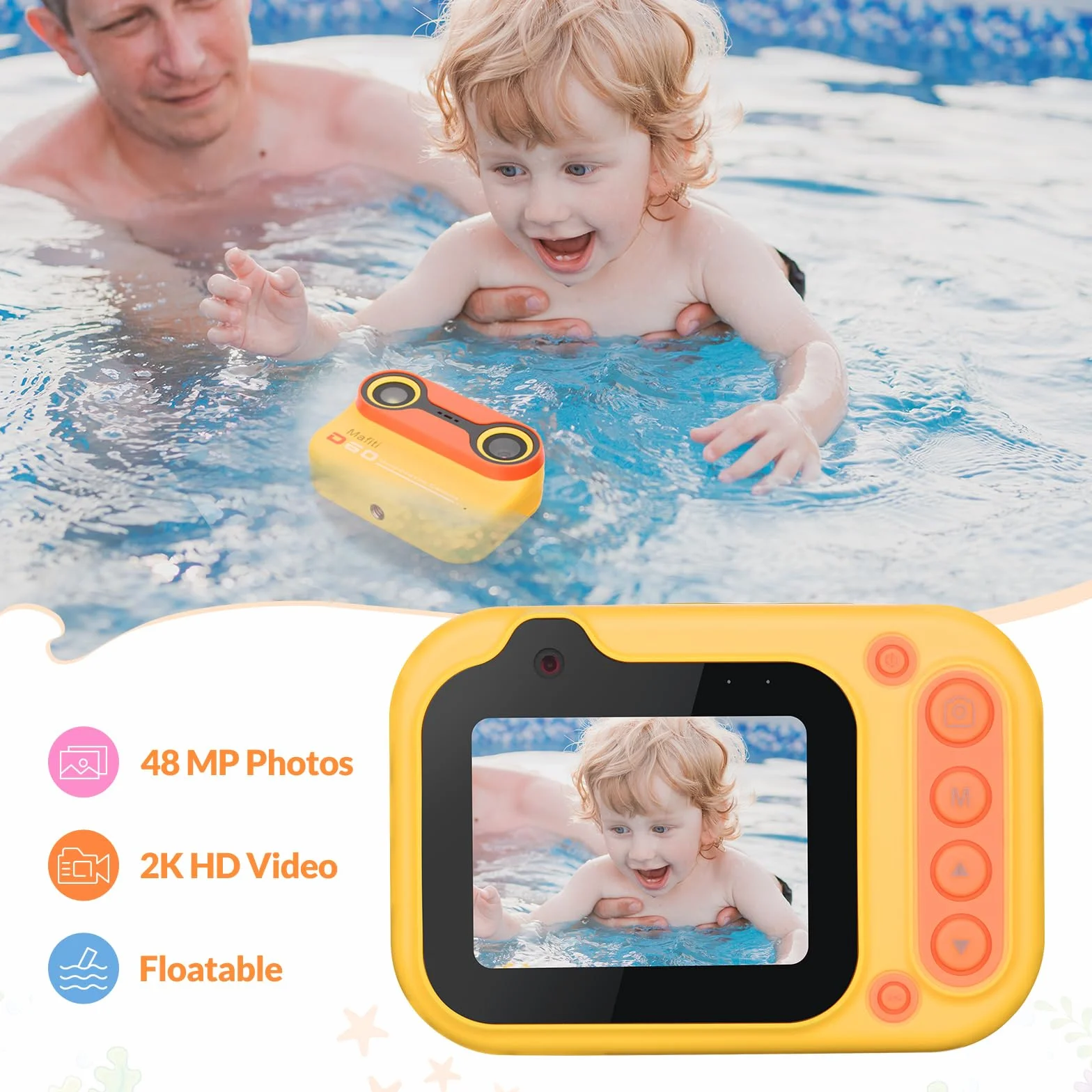 Mafiti Kids Fotocamera digitale impermeabile Fotocamera subacquea per snorkeling e immersioni con display IPS da 2,4" Fotocamera digitale ricaricabile tramite USB (Arancione)