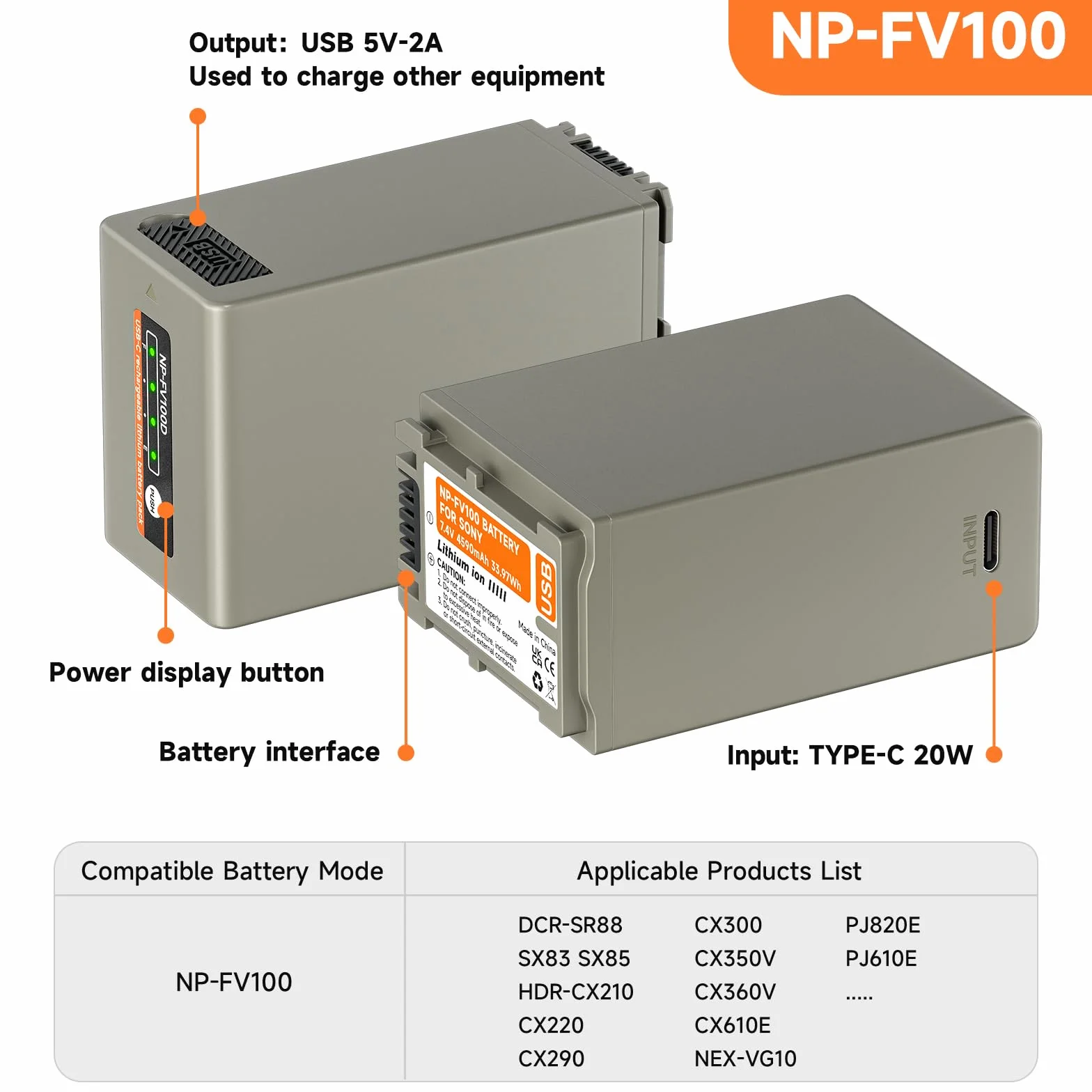 NP-FV100 USB-C batteria 4590mAh 2 pezzi per Sony NP-FH100 FH90 FH70 FH60 HDR-CX455 CX675 CX290 CX330 CX380 CX430V CX580V CX760V CX900 PJ540 PJ580V PJ670 PJ710V PJ 7 60V PV790V PJ810