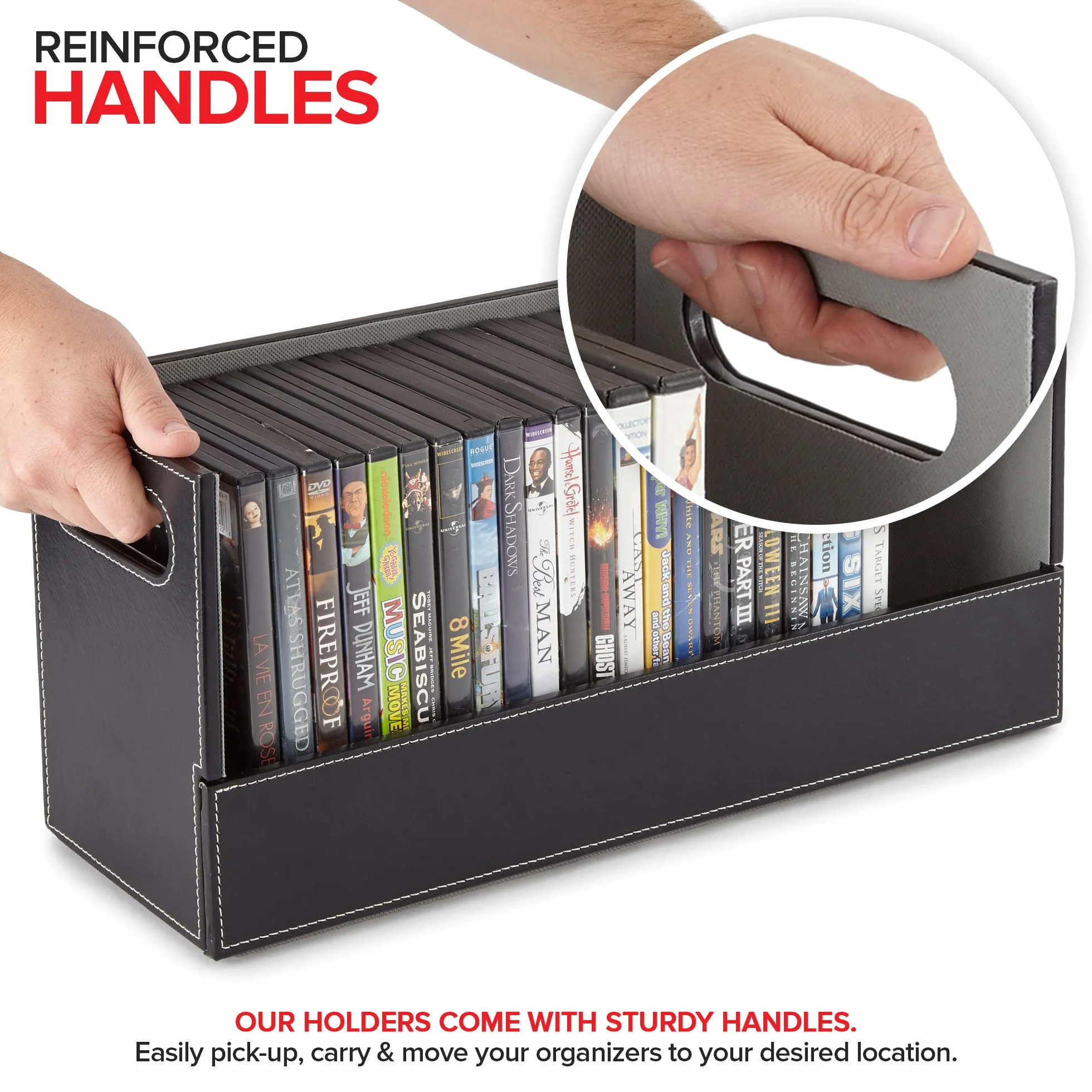 Stock Your Home Scatola portaoggetti per DVD, organizer per Blu-Ray, custodie per videogiochi, CD, supporto per nastri VHS, supporto per dischi può contenere fino a 28 DVD, in ecopelle (nero)