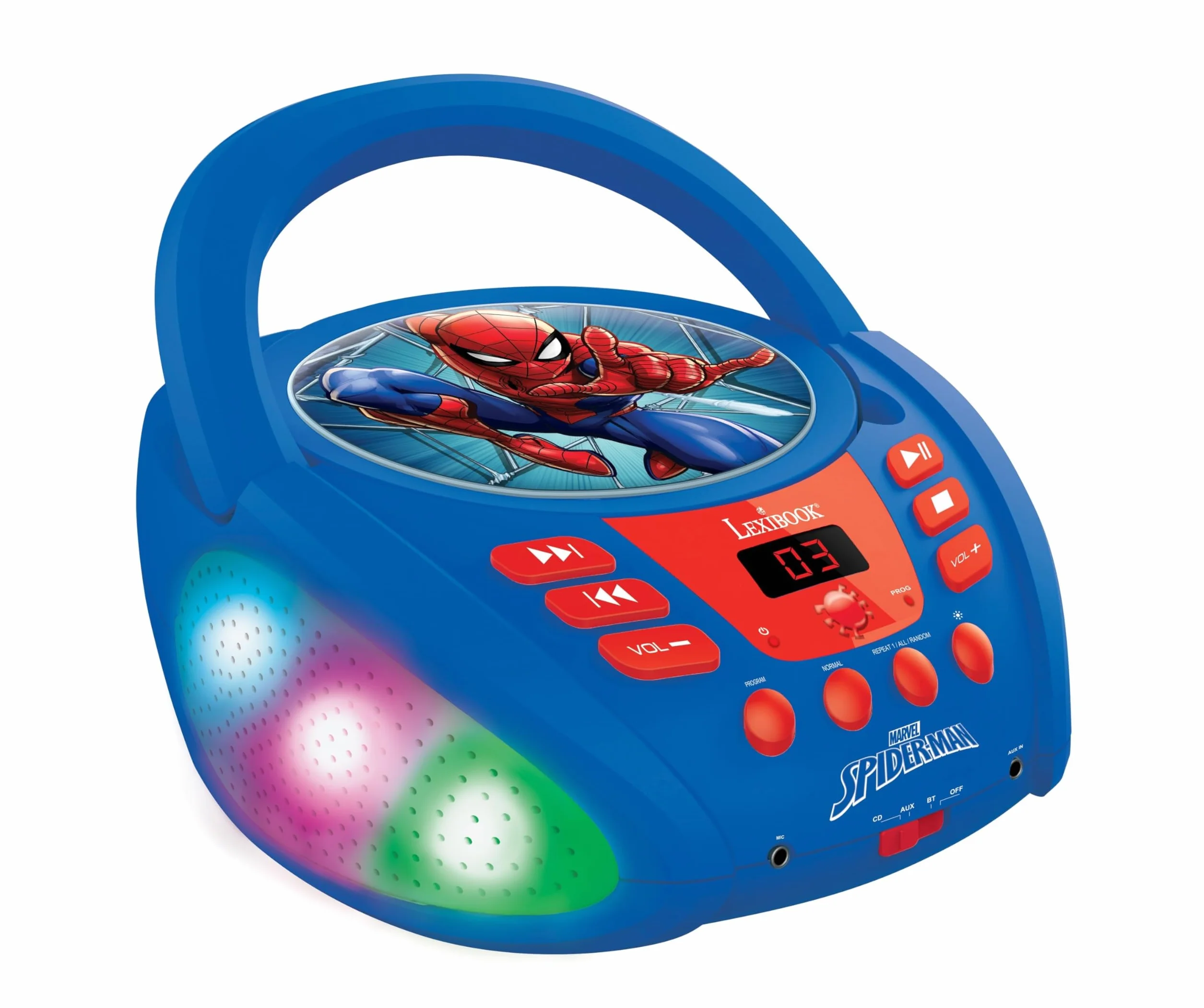 Lexibook - Marvel Uomo Ragno - Lettore CD Bluetooth per bambini – Portatile, Effetti multicolore, Jack per microfono, AUX IN, AC o batterie, Ragazze, Ragazzi, Blu/rosso, RCD109SPLXB