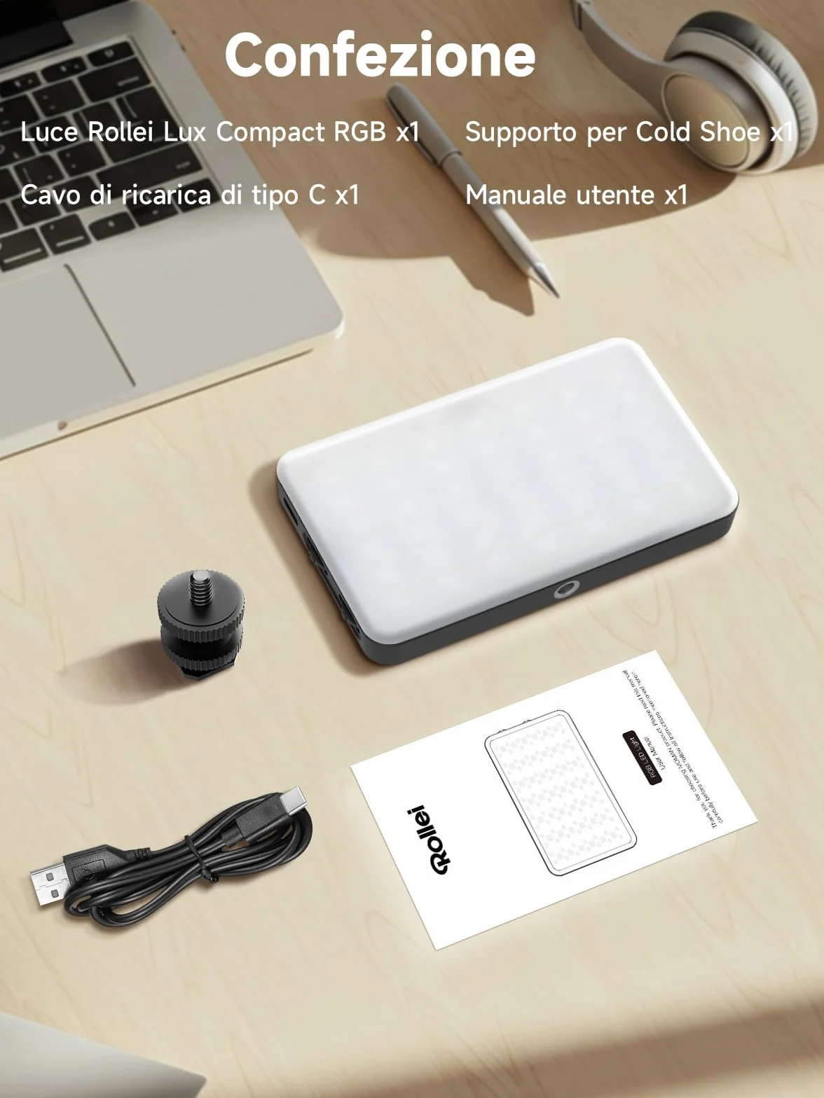 Luce Led Fotografia, Rollei Lumis Compact RGB Faretto Video Fotografiche Portatile 125g 98 CRI/TLCI con 13 Effetti e Batteria Ricaricabile per Macchina Fotografica, Faretto-Luce-Fotografia-LED-Video
