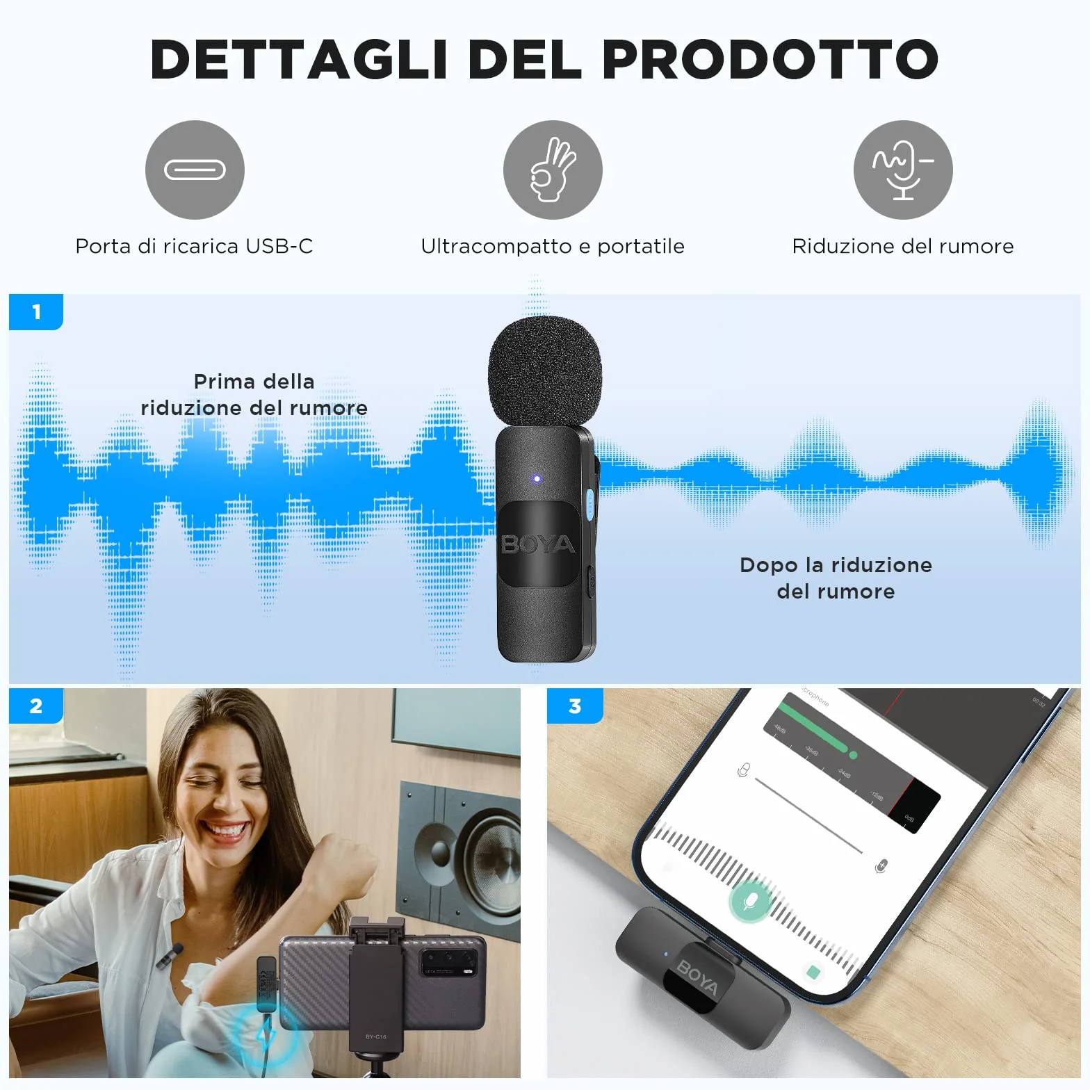 BOYA BY-V10 Microfono Lavalier Wireless USB-C, Mini Microfono Lpel per Smartphone iPhone 15/Android/Microfono Vlog Tipo-C per Youtube Podcast Facebook Vlogging Registrazione Video