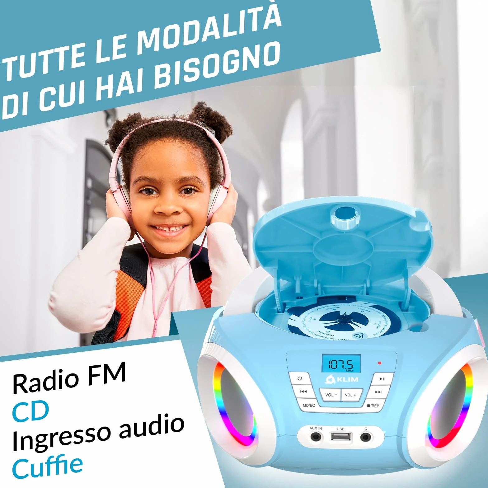 KLIM Candy Stereo per bambino NUOVO + Radio FM + Batterie incluse + Lettore CD Blu con altoparlanti e Radio + Regalo Perfetto