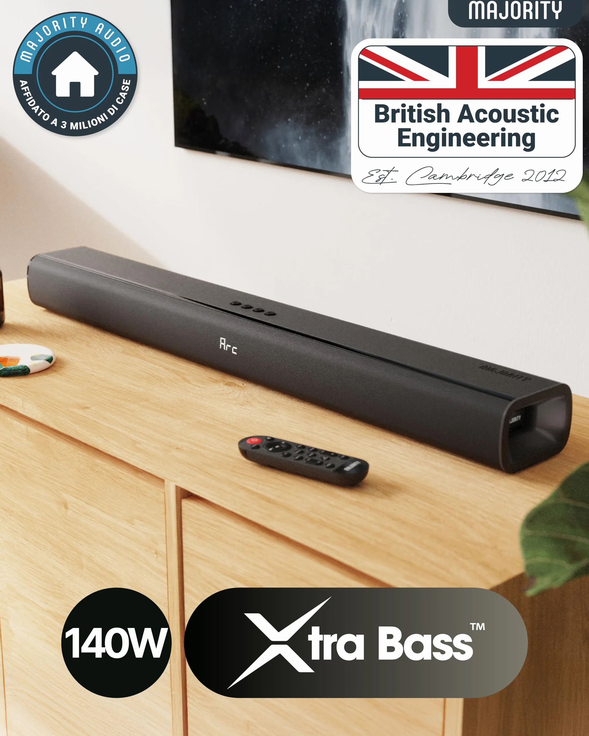 Majority Naga 80 Soundbar Bluetooth per TV | Barra Audio 2.2 Canali 140W con Subwoofer Integrato | HDMI ARC, Ottico, AUX, USB | Soundbar per Smart TV con Suono Surround 3D