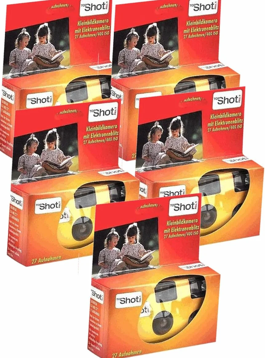 5 X 1A Photo PORST Fotocamera usa e getta, per matrimoni, feste, edizione Topshot in rosso/arancione (27 foto, con flash e batterie, confezione da 5)
