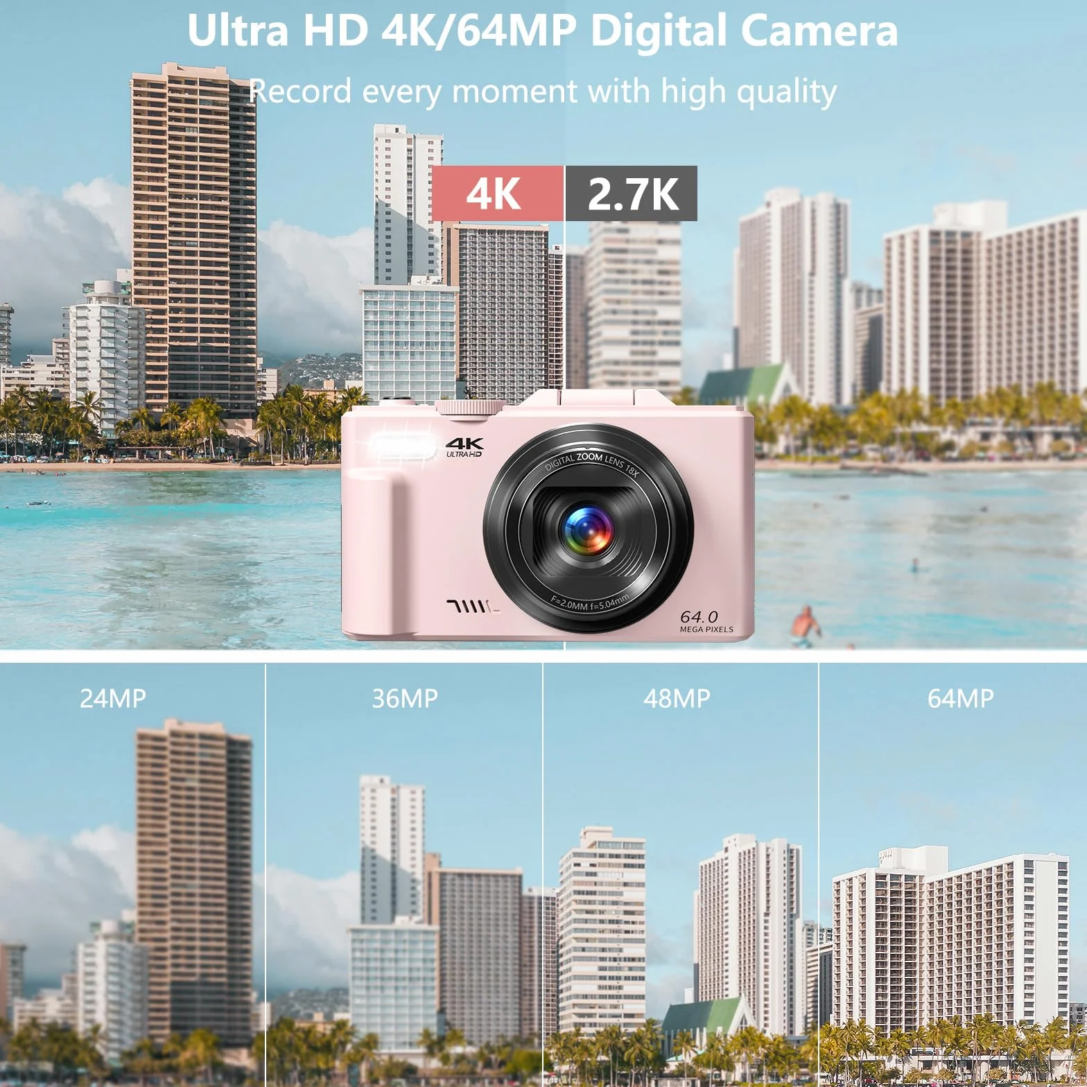 Fotocamera digitale per fotografia, 4K Vlogging Camera per YouTube 3 pollici 180° Flip Screen Zoom digitale 18X Fotocamera compatta con 32GB TF Card & 2 Batterie, Rosa