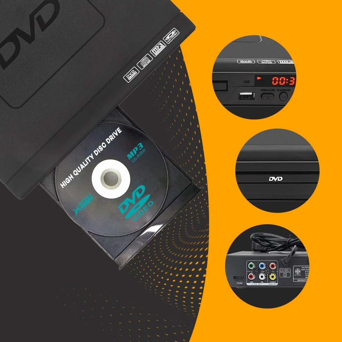 Lettore DVD nero con HDMI, cavo AV e telecomando – lettore multimediale Full HD 1080p, lettore multi-formato per DVD, CD, MP3 e MPEG4 – dispositivo USB plug & play – lettore DVD e CD portatile