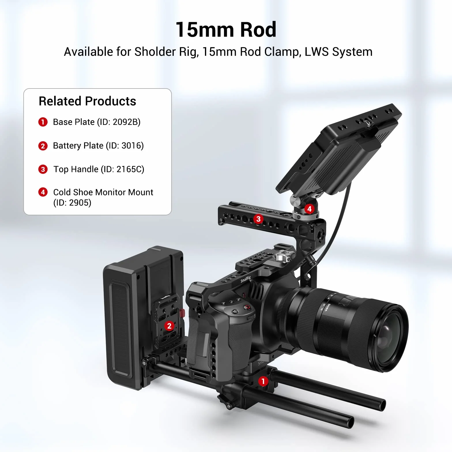 SMALLRIG 15mm Rail Rods(15mm Asta) per Camera Rig Combinazione di 8 Pollici (20 cm) Rods, 10 Pollici (30 cm) Rods e Connettore per Asta - 1659