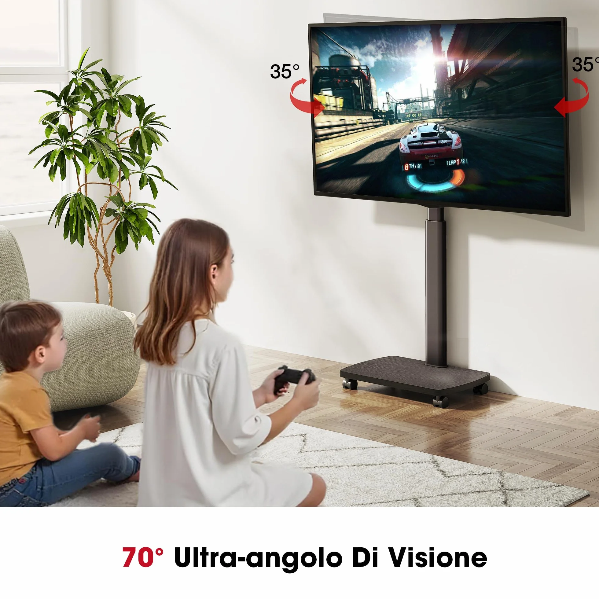 AOKCOS Supporto TV da Pavimento Orizzontale e Verticale per 19-42 Pollici, Carrello Porta TV con Ruote Base in Legno, Inclinazione & Girevole, fino a 20 kg max. VESA 200×200 mm Nero