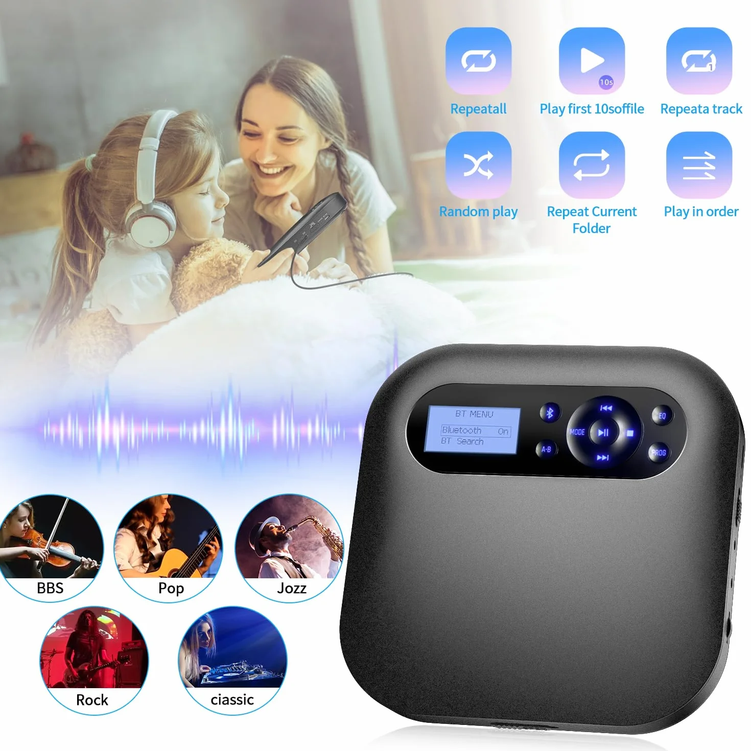 DESOBRY Lettore CD Portatile con Bluetooth e Altoparlanti, Discman CD Player Ricaricabile per Auto con FM, Anti-Skip, Schermo LCD, Lettore CD Portatile con Doppio Jack per Cuffie