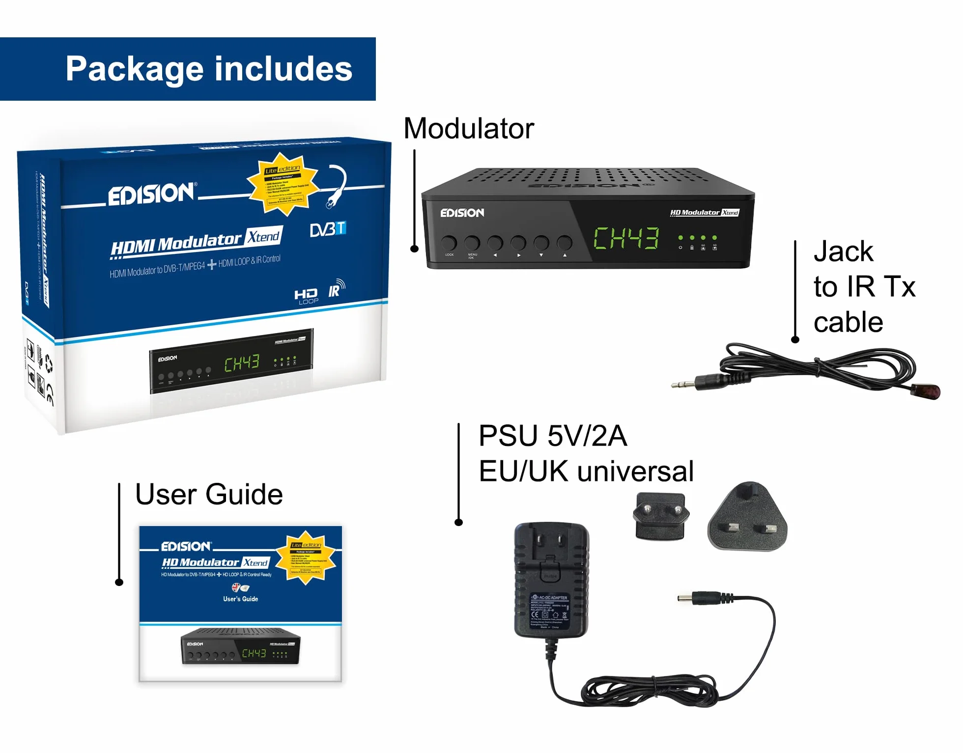 Edision Xtend lite HDMI Modulatore monocanale HDMI-DVB-T MPEG4 Full HD RF-in